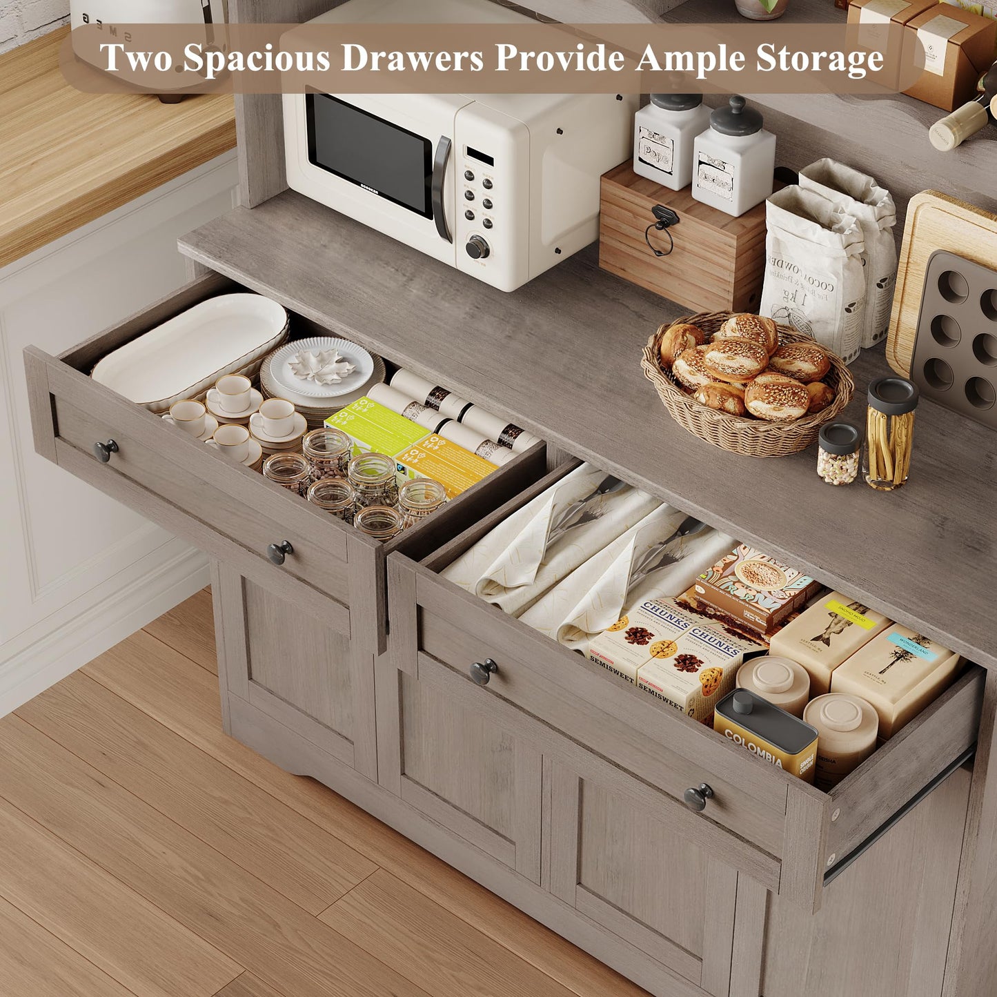 HOSTACK 75.4" Tall Kitchen Pantry Cabinet with Charging Station, Modern White Kitchen Hutch with Microwave Stand and Wine Rack, Large Food Pantry Storage Cabinet with Glass Doors and Drawers, Ash Gray