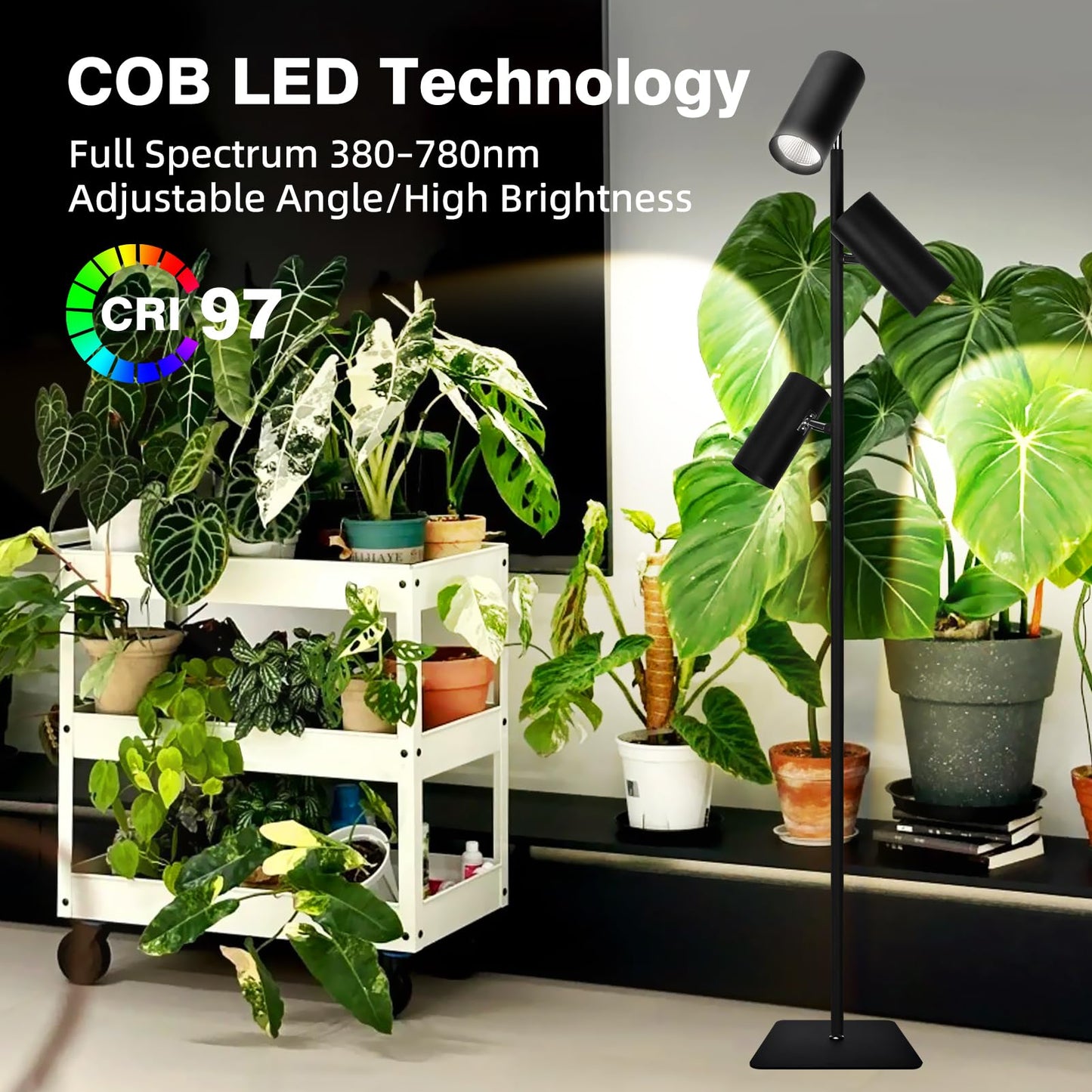 Grow Lights for Indoor Plants, 90W Full Spectrum Tall Plant Light for Indoor Growing with PPFD 900 & CRI 97, Triple-Head 43"-83" Standing & Angle, 10-Level Dimming 6/8/12H Auto On/Off Timer, COB LEDs