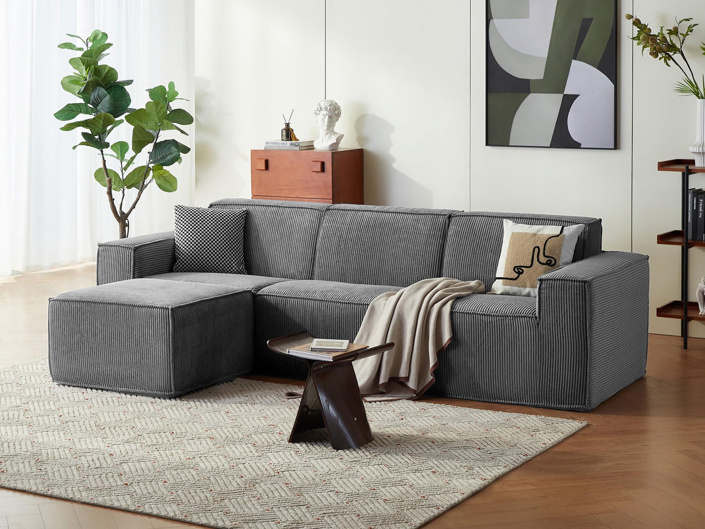 LINSY HOME Modular Sectional Sofa, 105" Boneless Couch L Shaped 3-Seat Sofa with Movable Ottoman, Corduroy Sectional Cloud Couches for Living Room, No Assembly Required, Grey