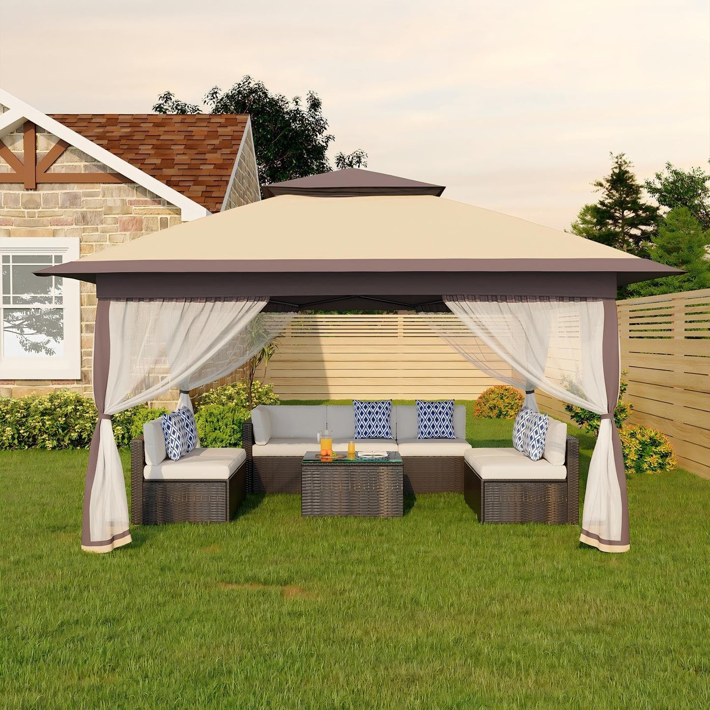 Canopy Tent 12x12 ft, Pop Up Gazebo One-Push Setup with 4 SandBags for Backyard Parties and BBQs, Mosquito Netting & Height Adjustable - Khaki & Coffee