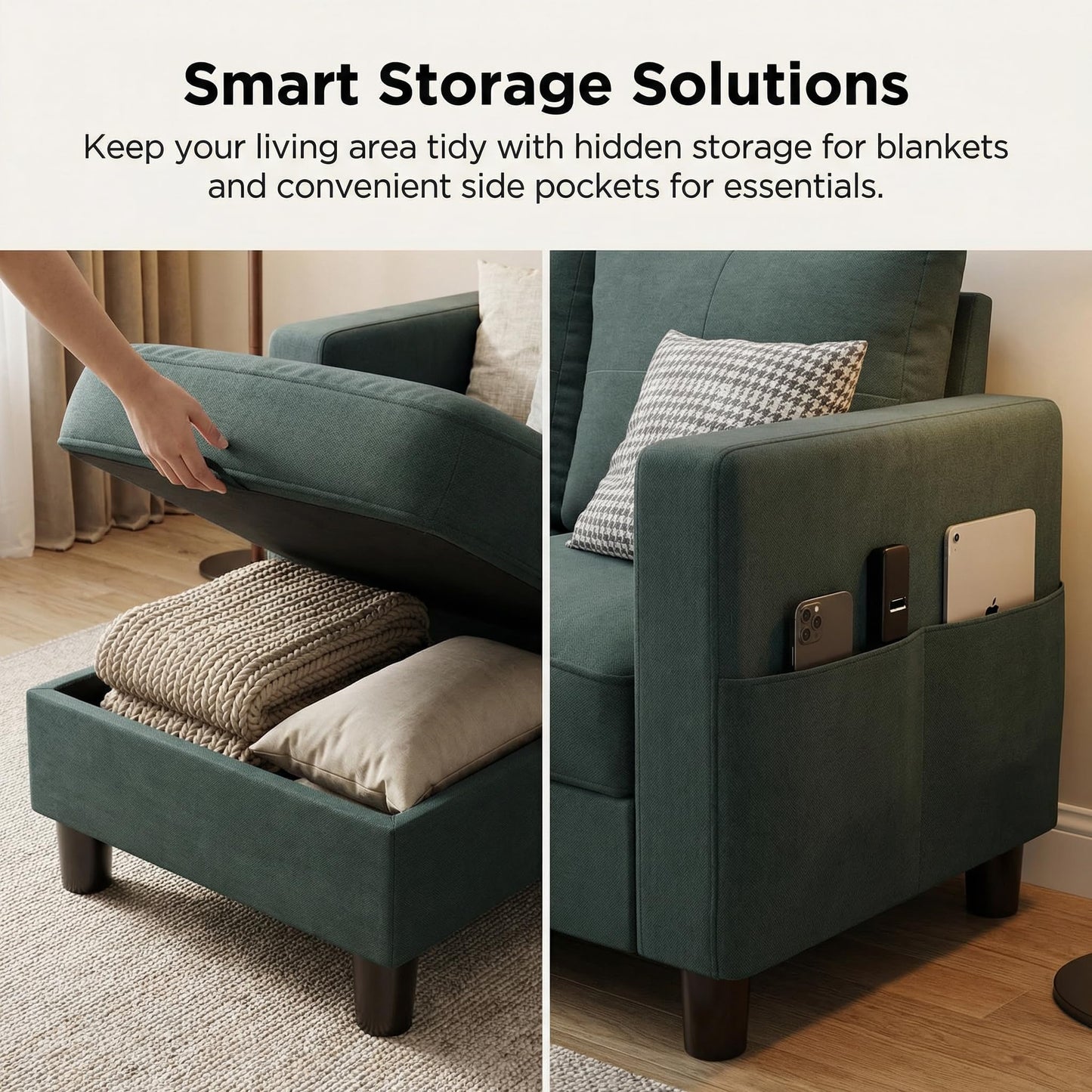 SUNLEI Convertible L-Shaped Sectional Couches for Living Room, Space-Saving 3-Seat Couch for Small Apartments & Living Rooms, Linen Fabric, Dark Grey