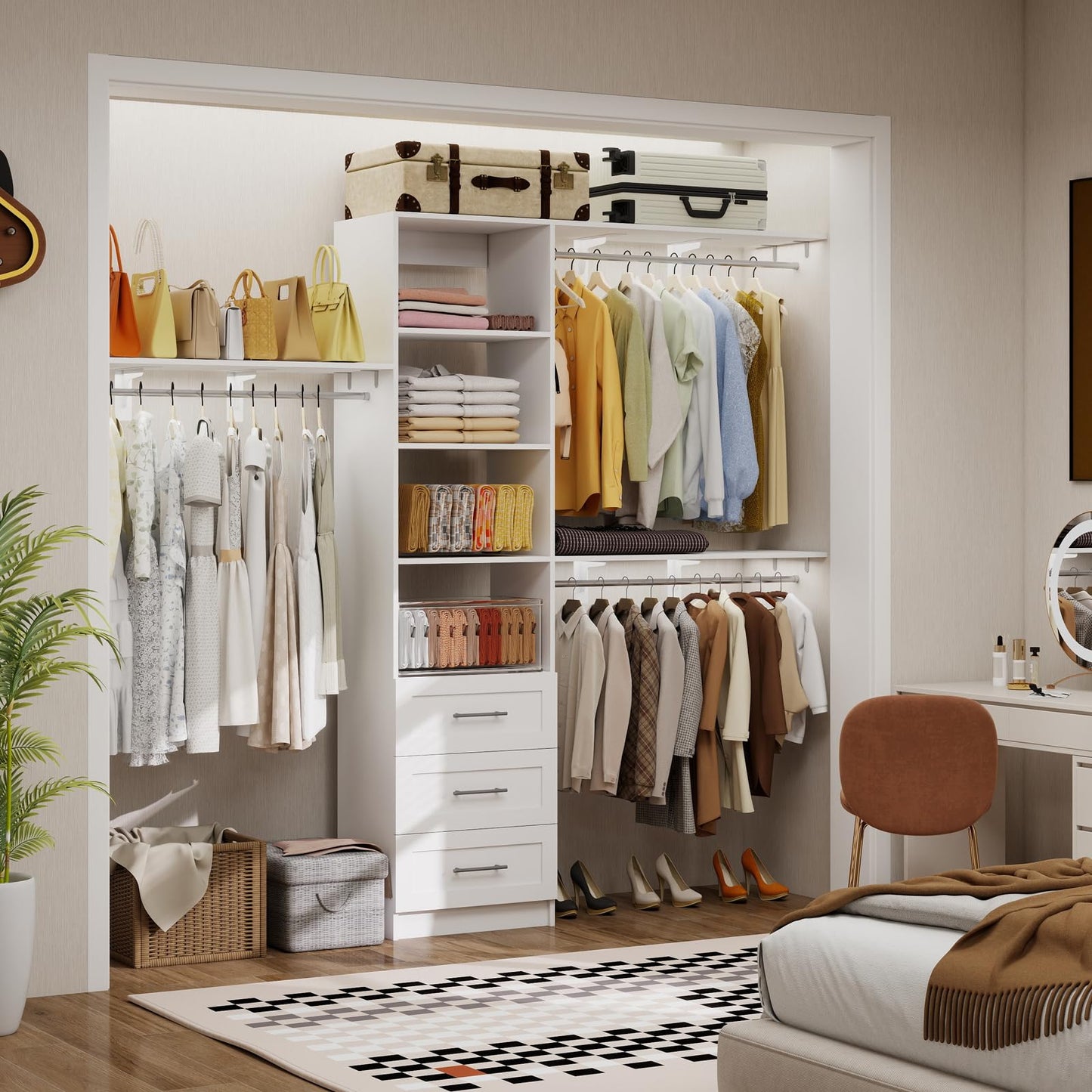 secilix Closet System with Drawers, 5-8FT Closet Organizer Systems with Expandable Hanging Rods, 91.36" Closet Shelving Systems for Walk in Closets, Heavy Duty Wall Mount Closet Systems-White