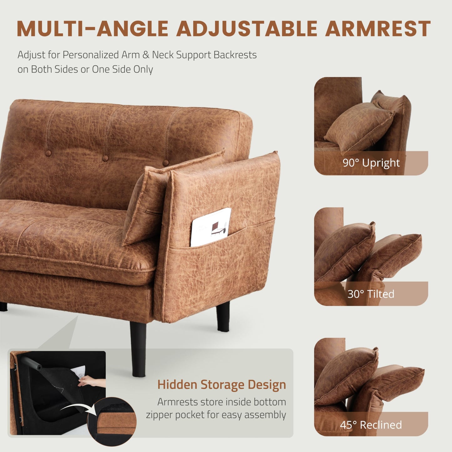 Attalee Convertible Futon Sofa Bed, Faux Leather Futon Couch with 3 Adjustable Angles & Armrests, Sleeper Sofa with Side Pockets for Living Room, Bedroom, Apartment, Camel(Brown)