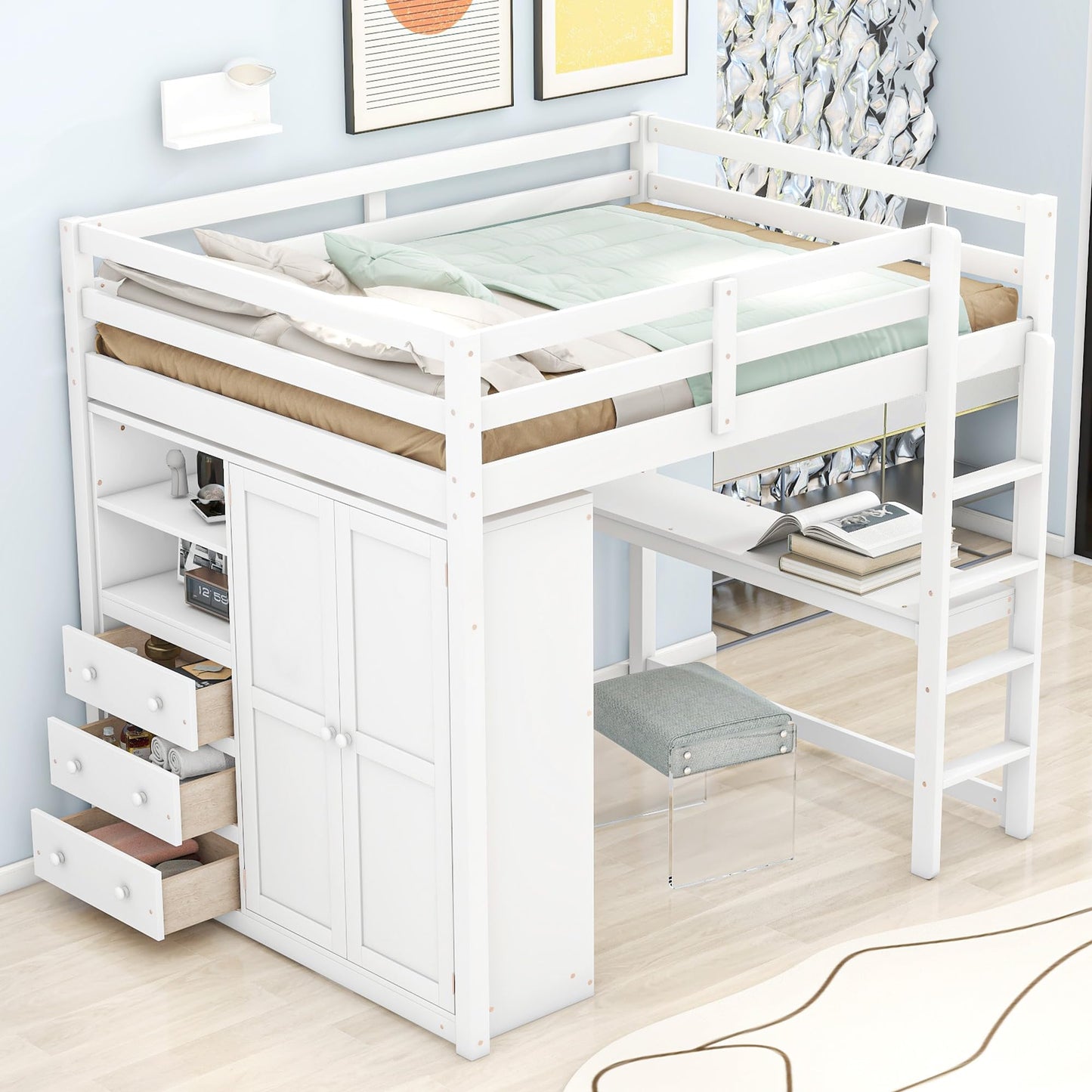 Merax Full Size Wood Loft Bed with Built-in Wardrobe, Large Desk, 2-Tier Storage Shelves & 3 Drawers, Solid Pine Wood Frame, 350 lbs Capacity, No Box Spring Needed for Bedroom, White