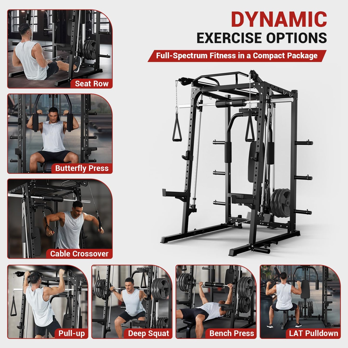 Garvee 2000LBS Smith Machine Home Gym, Multi-Function Power Cage Squat Rack with Cable Crossover & LAT Pulldown, Strength Training Equipment with 8 Weight Storage Pins and More (Plates Not Included)