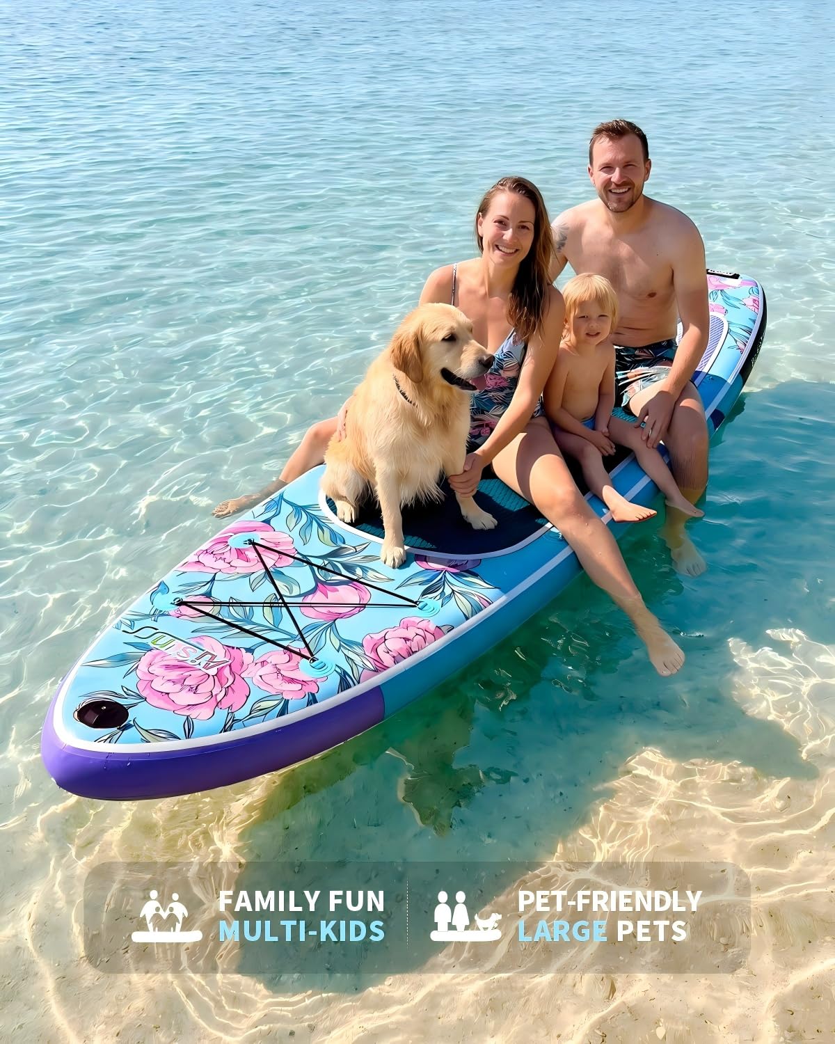 AISUNSS 10.6’ Inflatable Stand Up Paddle Board, 33’’ Wide Stance Paddle Boards with Premium Paddleboard Accessories, Double Action Pump, Removable Fin for Youth & Adults (Flowers Blue)