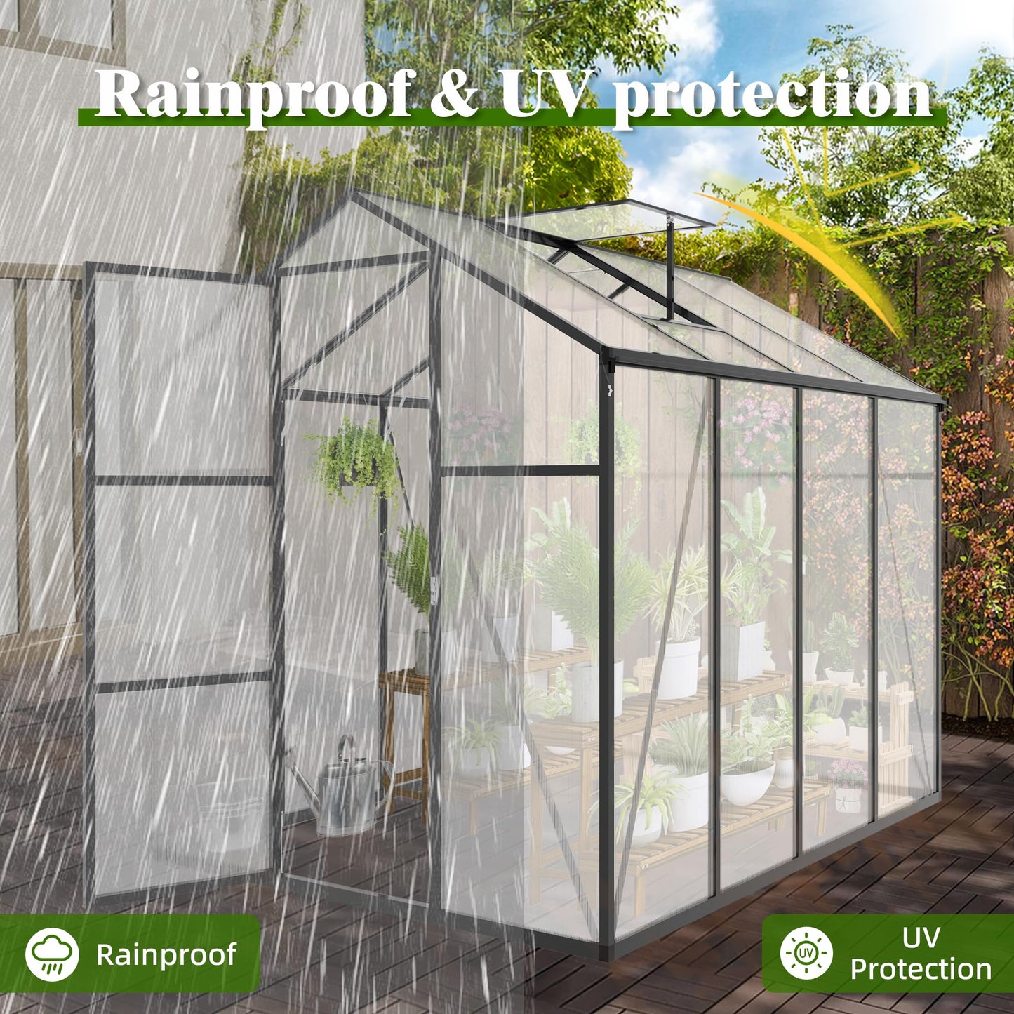YOPTO 6x8 FT All Weather Greenhouses for Outdoor,Heavy Duty Polycarbonate Greenhouse, Walk-in Garden Green House with Raised Base and Ventilation Window for Outside, Backyard,Black