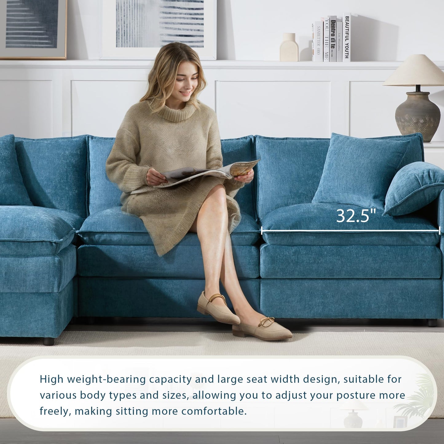 Merax Modern L Shaped Cloud Couch Set with Double Cushions, 4 Seat Sectional Sofa Sleeper Bed with Movable Ottoman & 2 Pillows, 103" Chenille Modular Sectional Sofa with Deep and Wide Seat, Blue