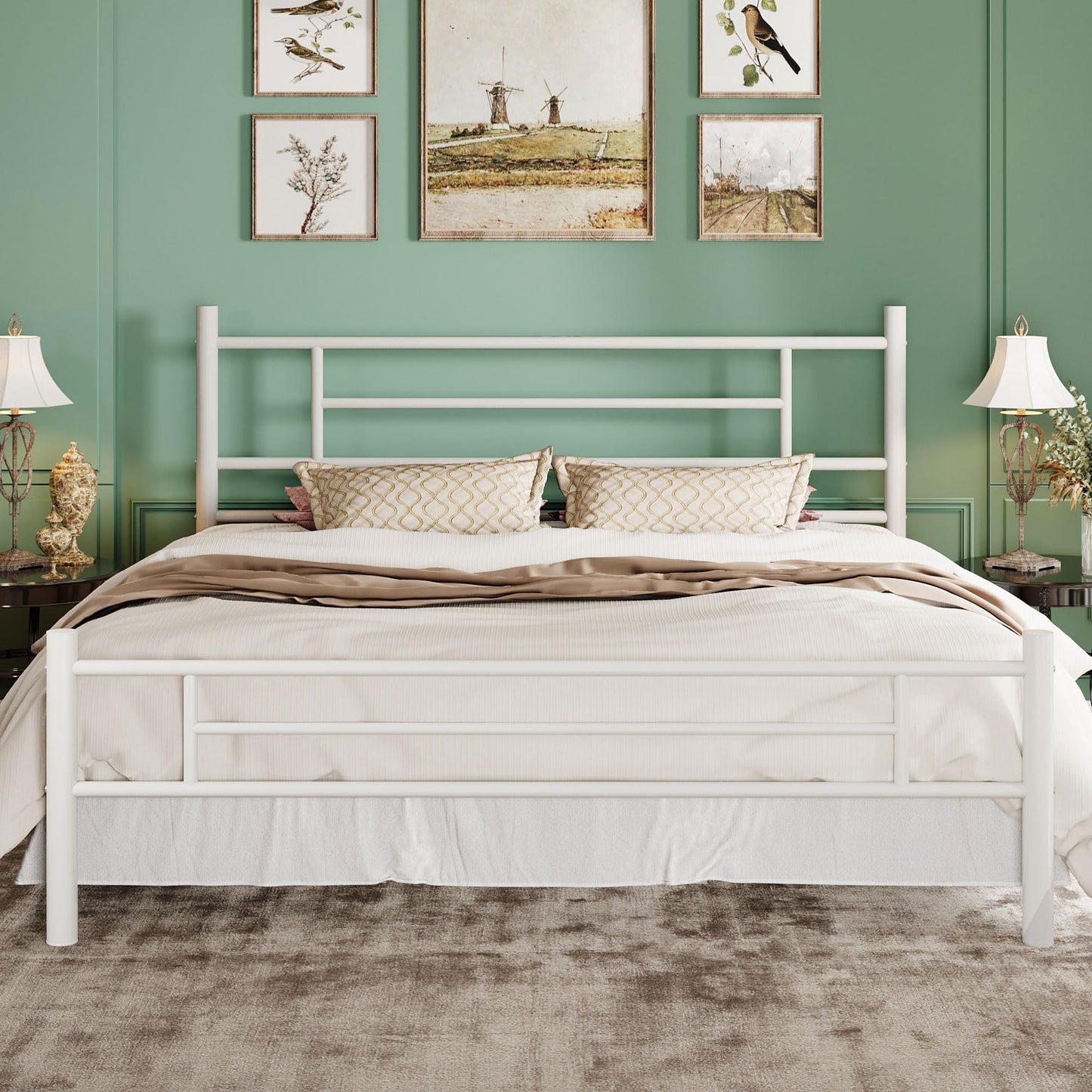 SHA CERLIN King Size Metal Platform Bed Frame with Modern Headboard and Footboard, Under Bed Storage Space, Noise Free, No Box Spring Needed,White,14 Inch
