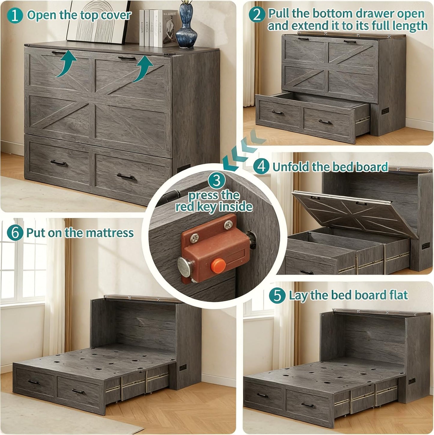 UYIHOME Full Murphy Bed Cabinet with Charging Station and Storage, Farmhouse Foldable Platform Bed for Guest Bedroom,Home Office Bed Frame with Storage,Rustic Grey (Full Size)
