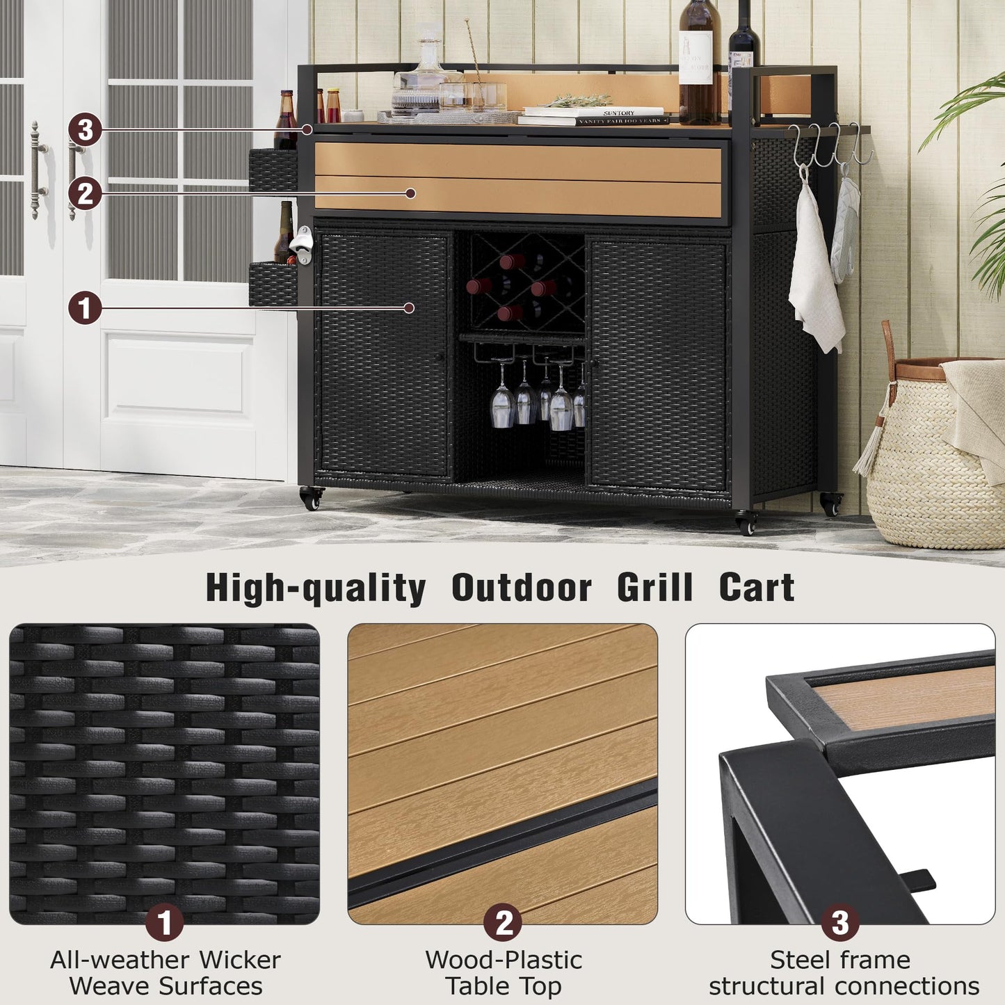 Trygoal Outdoor Grill Cart BBQ Prep Station, Double Tabletop Rolling Wicker Kitchen Island with 7 Adjustable Shelves & Wine Rack, Weather-Resistant Storage Cabinet for Patio Backyard Garden, Black