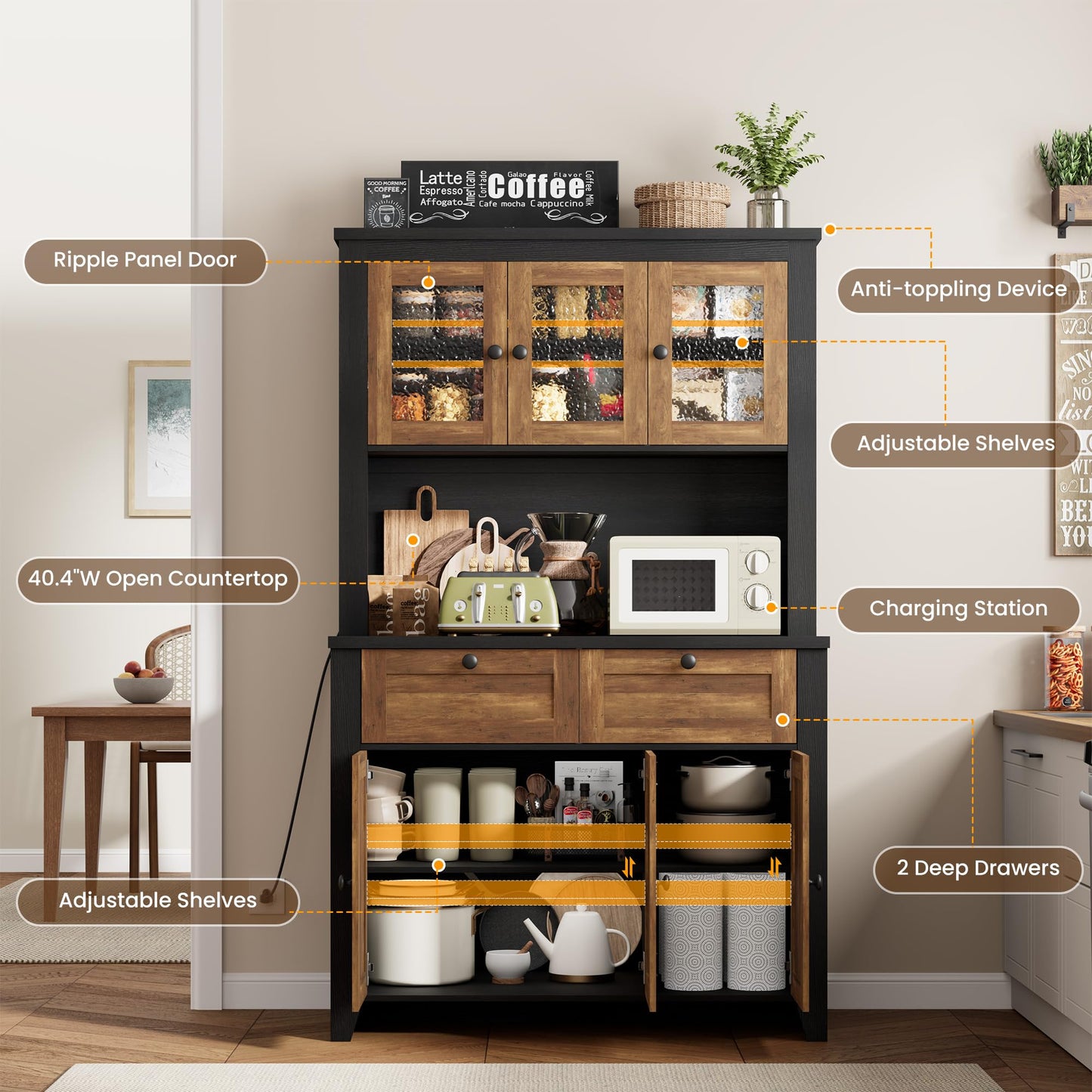 Pantry Cabinet with Charging Station, Farmhouse Kitchen Pantry Storage Cabinet with Countertop, Large Kitchen Hutch with Storage Drawers and Adjustable Shelves & Water Ripple Design for Dining Room,