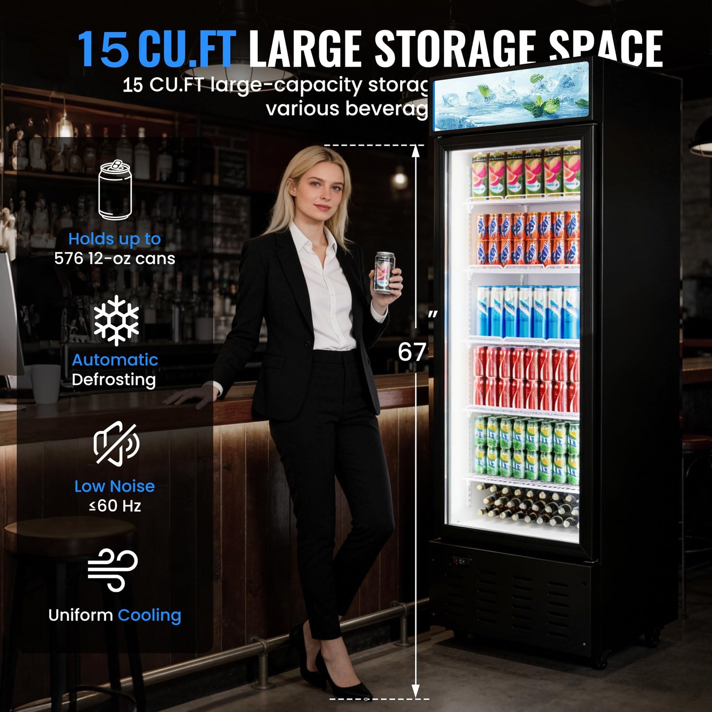 Frostvale 15 Cu.Ft Commercial Display Refrigerator, Black Single Glass Door Beverage Cooler with Lighted Header, ETL Upright Merchandiser Fridge for Drinks, Soda, Beer, Cafe, Store, Bar