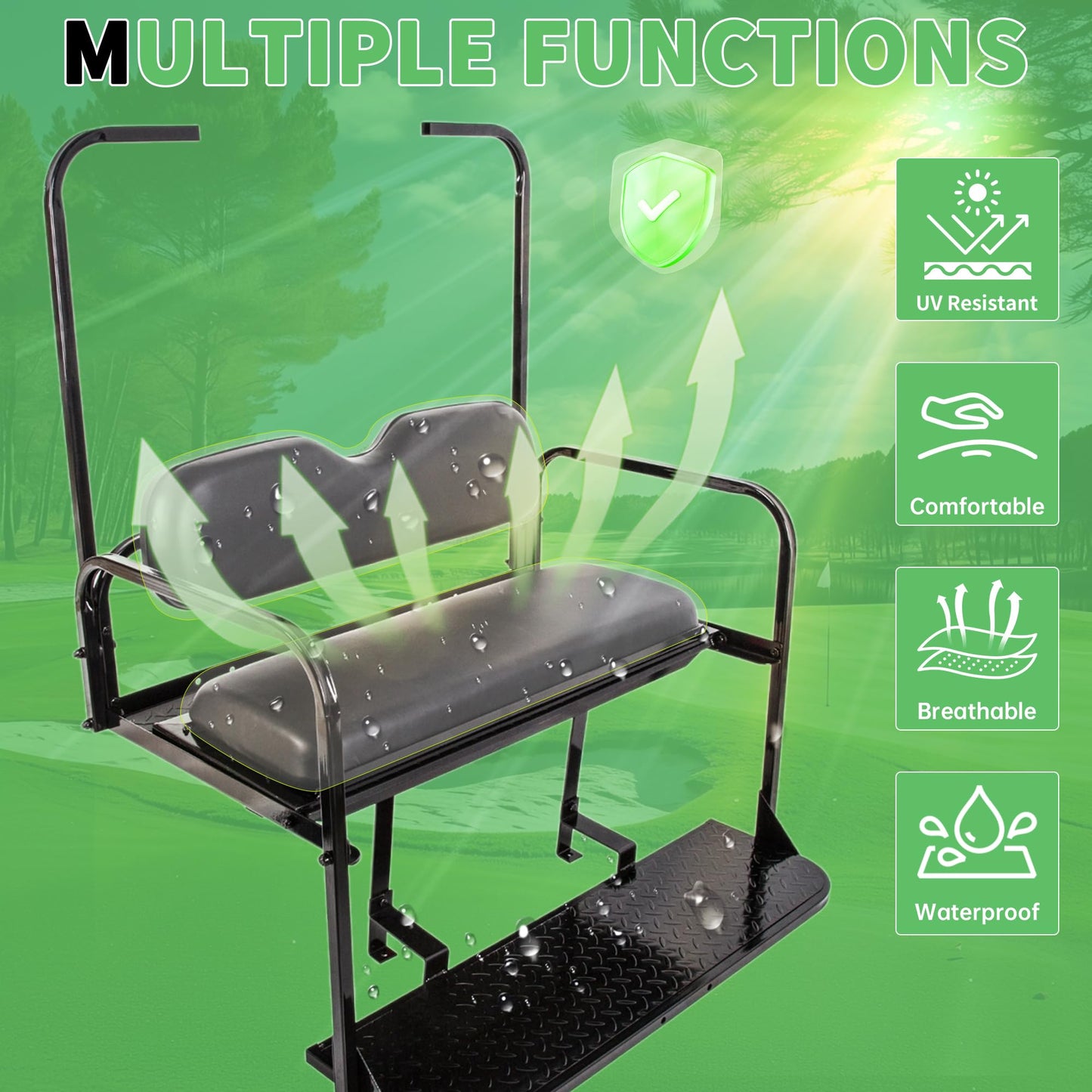 ECOTRIC Flip Folding Rear Back Seat Kit Compatible with 1995-Up EZGO TXT Golf Cart w/ roof support - You Will Receive 2 Packages