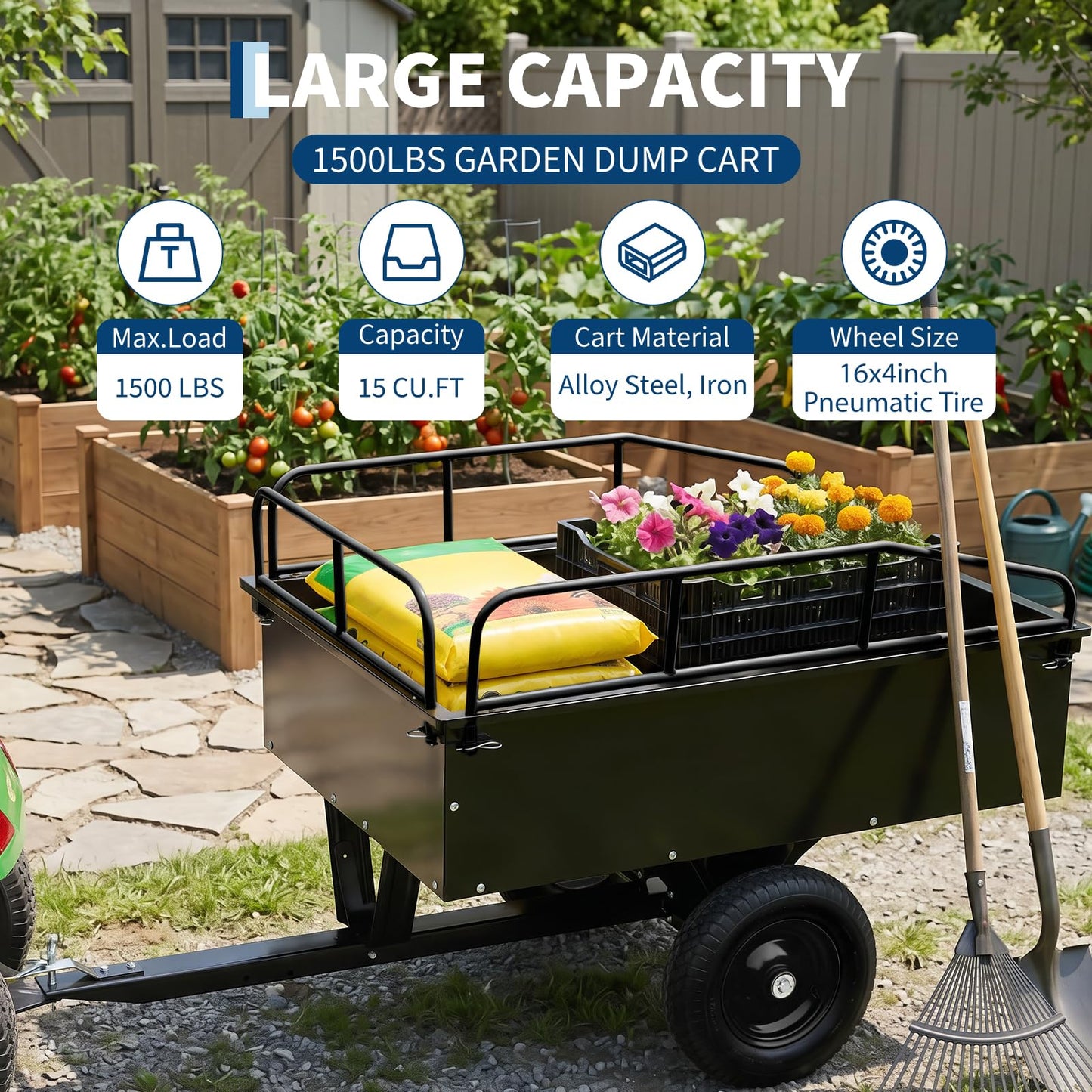 Garvee 750LB Heavy Duty Garden Dump Cart, 15 Cu ft Garden Trailer Steel Garden Cart with Removable Sides, Utility Wagon Tow Behind ATV UTV Lawn Mower Tractor, Foot Pedal Quick Dump