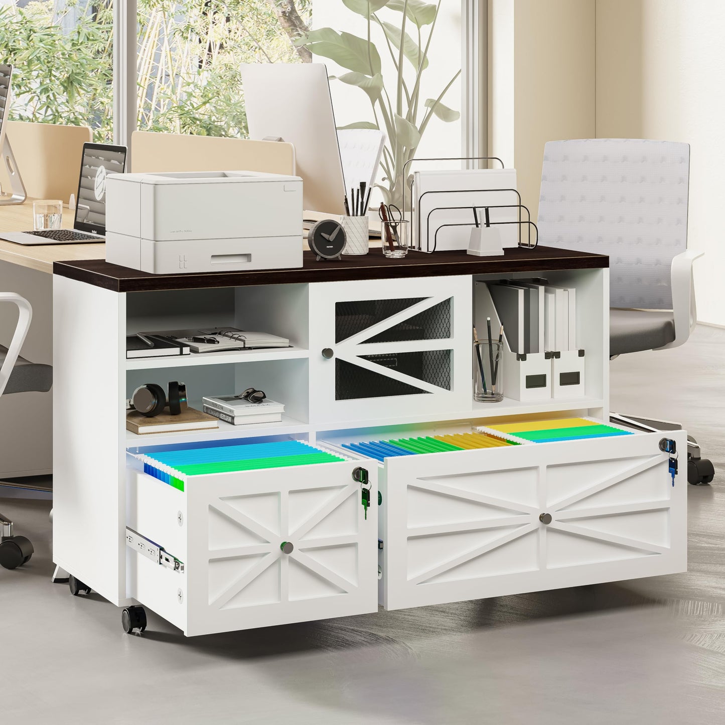 kepptory 2 Drawer File Cabinet with Lock, Rolling File Cabinet for Home Office Fits Files Letter/Legal/F4/A4, Filing Cabinet 2 Drawer with Adjustable Shelf & 2 Lockable Wheels (White + Brown)