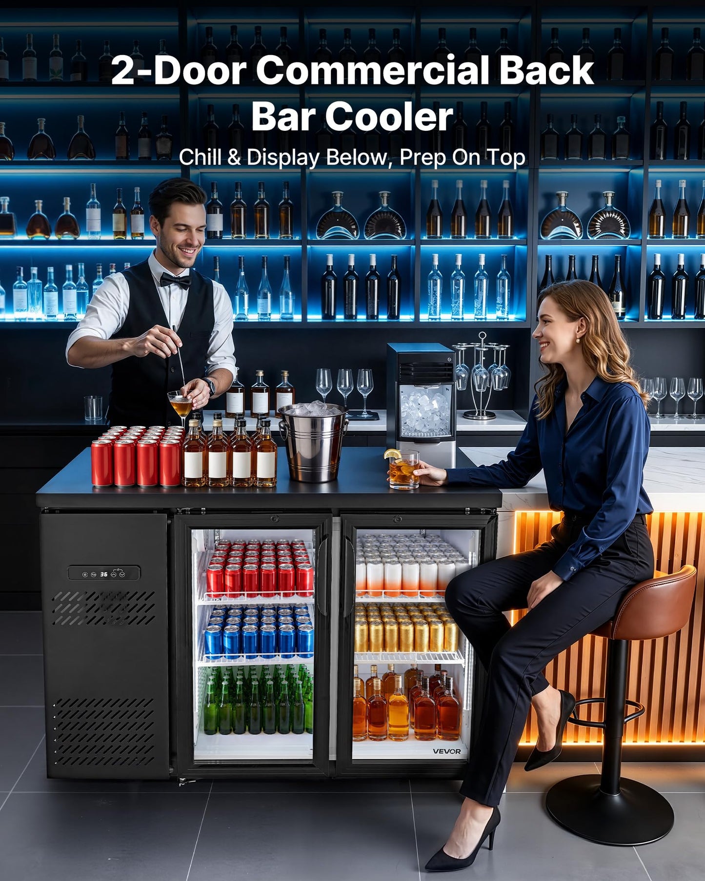 VEVOR Back Bar Cooler, 11.8 Cu. Ft Counter Height Beverage Refrigerator, Commercial Display Fridge w/ 2 Glass Doors, LED Lighting, Shelves, Fan Cooling Beer Wine Cooler for Pub, Merchandiser, Office