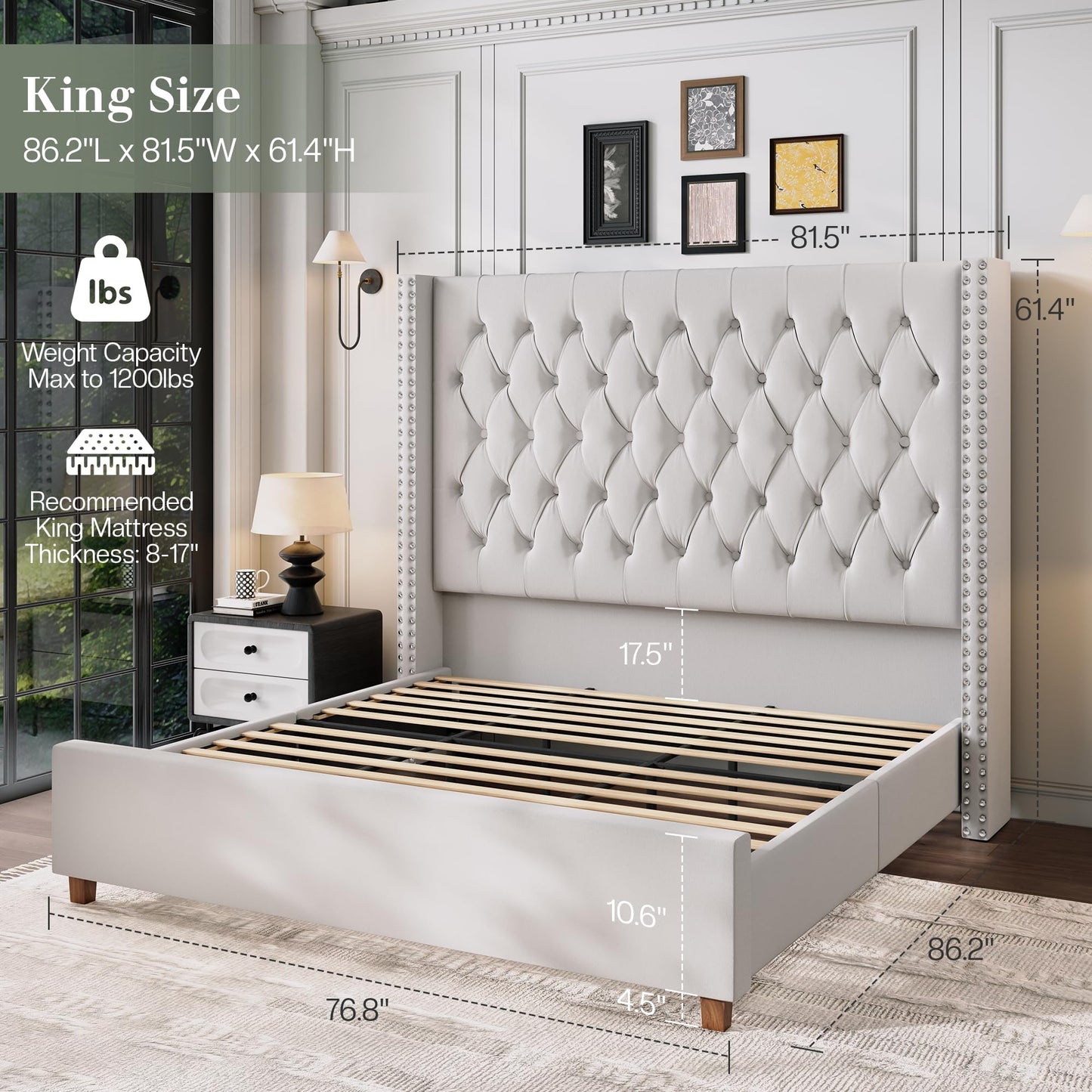 Jocisland King Size Bed Frame 61.4" Extra Tall Wingback Headboard Velvet Upholstered Deep Button Tufted Platform Bed with Solid Wood Legs & Wood Slats, No Box Spring Needed, Cream