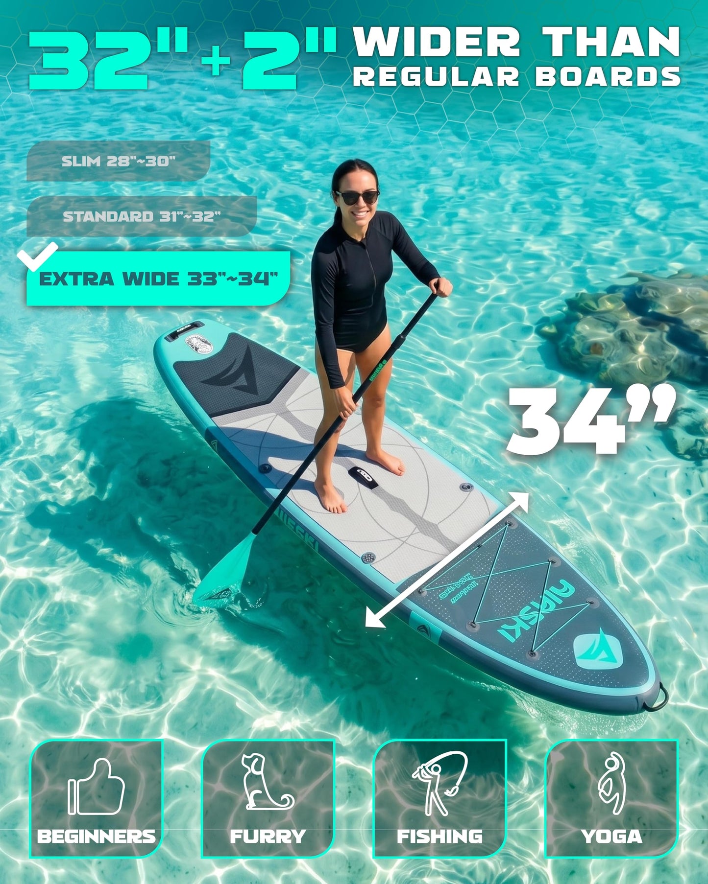 Airski 11'x34'' Extra Wide Inflatable Paddle Board, Stand-up Paddleboard for Adults, 420lb Capacity, Anti-Slip EVA, Stand-up Paddle Board for Yoga/Fishing/Family, US Fin, High-Pressure Pump, 100L Bag