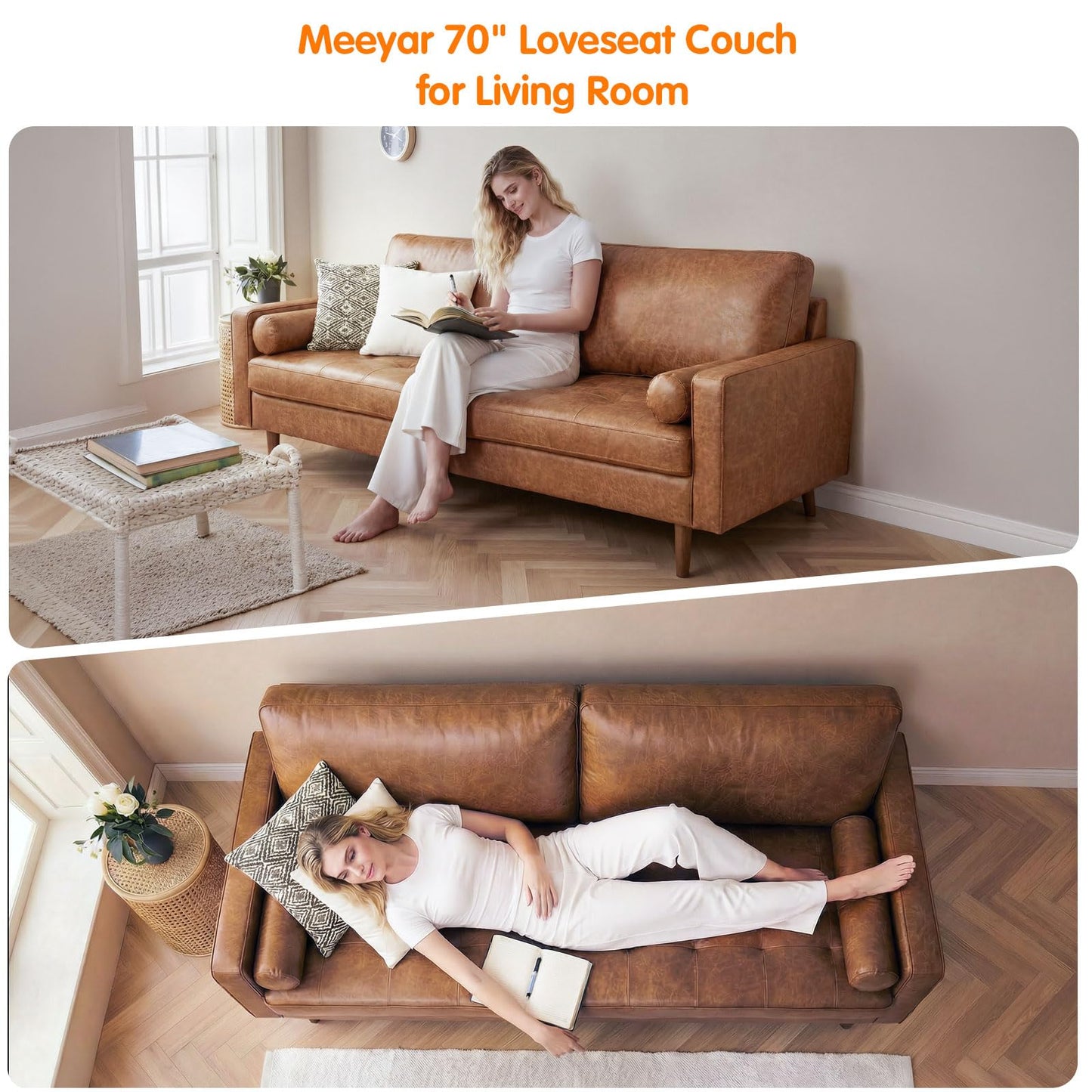 Meeyar 70" Mid-Century Modern Faux Leather Sofa, Comfortable Button Tufted Loveseat Couch with Bolster Pillows & Solid Wood Legs for Living Room, Apartment, Office, 1100lbs Capacity, Brown