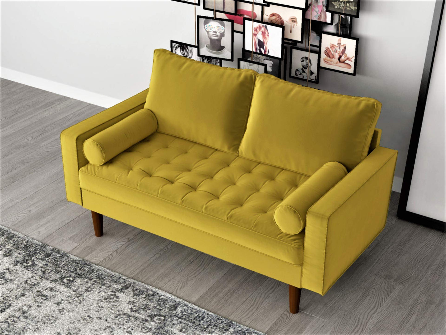 Container Furniture Direct Womble 58 Inch Velvet Loveseat Sofa with Elegant Button Tufted Upholstery, Square Arms, Splayed Wood Legs, Includes Matching Bolster Pillows, Textured Gold