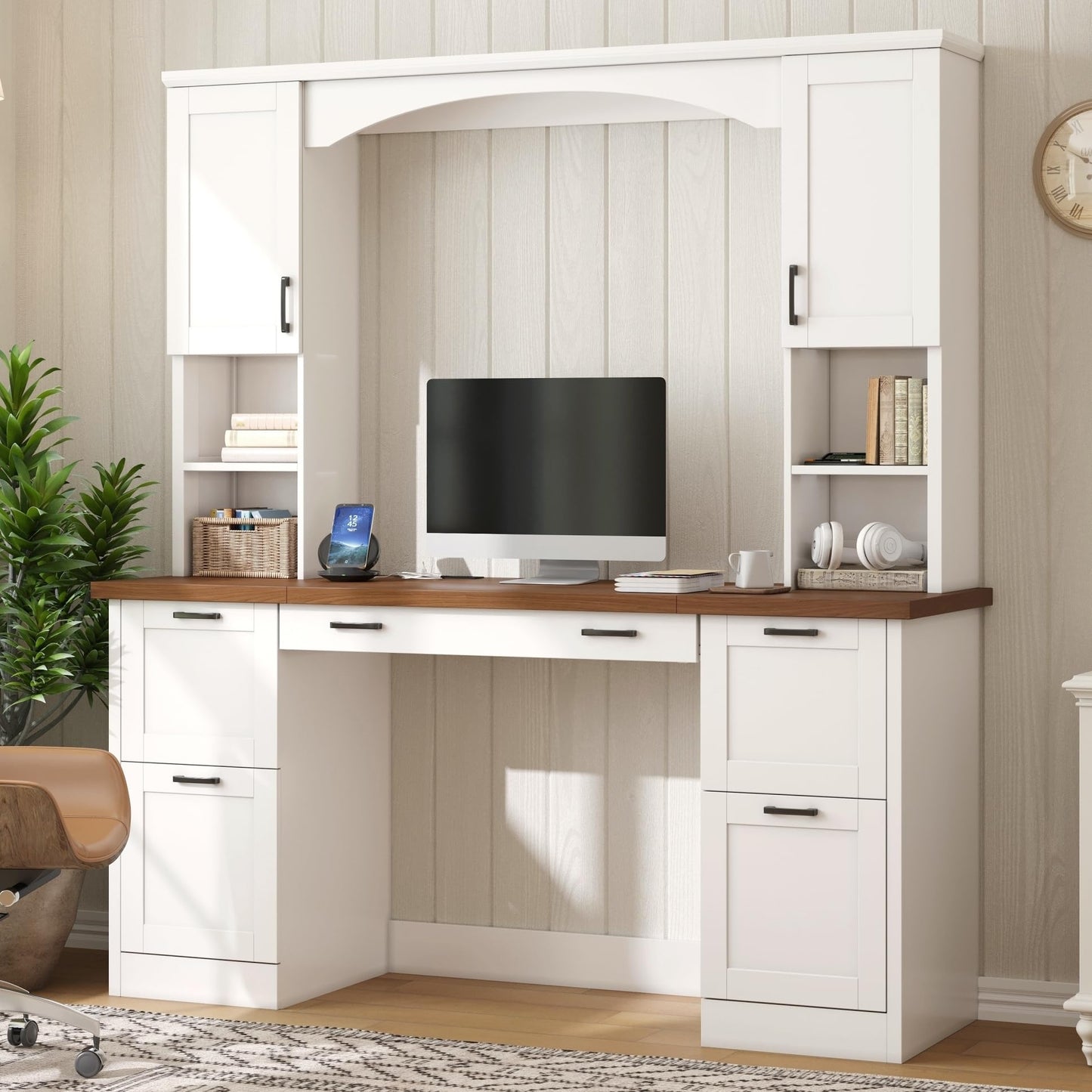 Merax Farmhouse Arched 67" Computer Desk with Power Outlets & Keyboard Tray, Wood Executive Home Office Desk with Hutch, Writing Desk with Storage Drawers for Working Study, White
