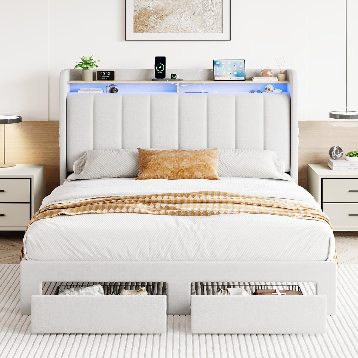 SHA CERLIN Velvet Full Size Bed Frame with Vertical Channel Tufted Wingback Headboard & 2 Storage Drawers/2-Tier Shelves with LED Lights & Charging Station/Noise-Free/No Box Spring Needed/White