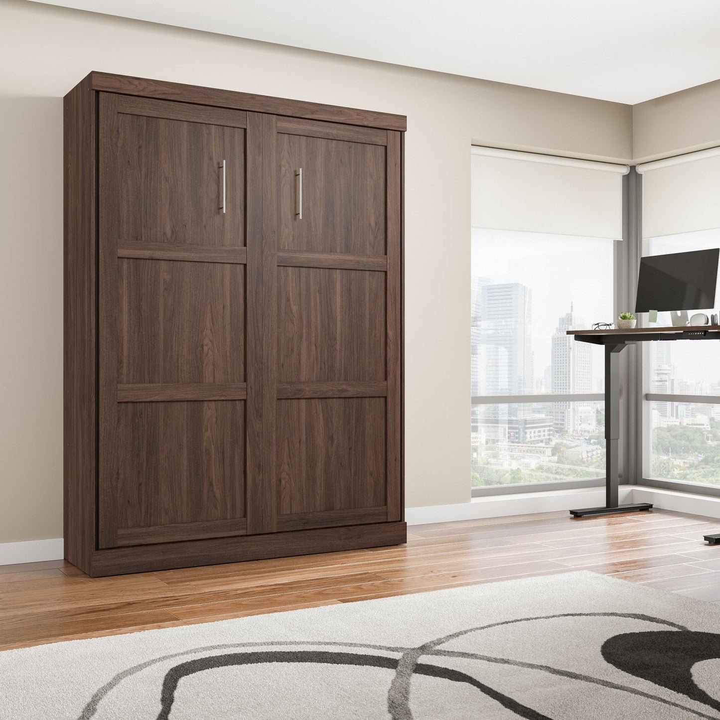 Bestar Pur Queen Size Murphy Bed in Black Walnut, 65-inch Space-Saving Sleeping Arrangement for Multipurpose Area, Bedroom, Guest Room, or Living Room