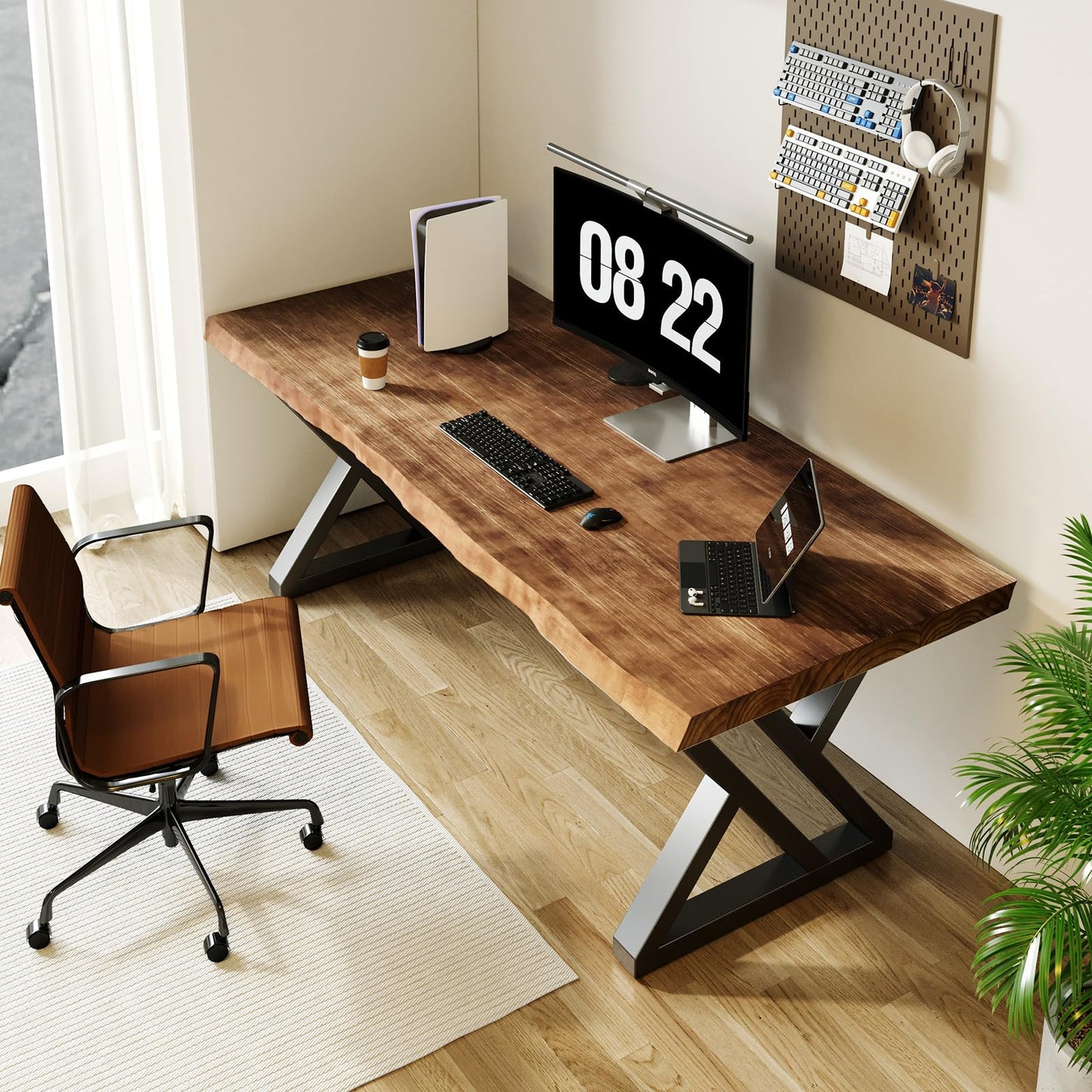 QZYJKJ 55inch Solid Wood Desk Wide Home Office Desk,Metal Modern Industrial Writing Table, Workstation, Perfect Table for Your workspace Study Table Furniture in Rustic Natural Aged Brown