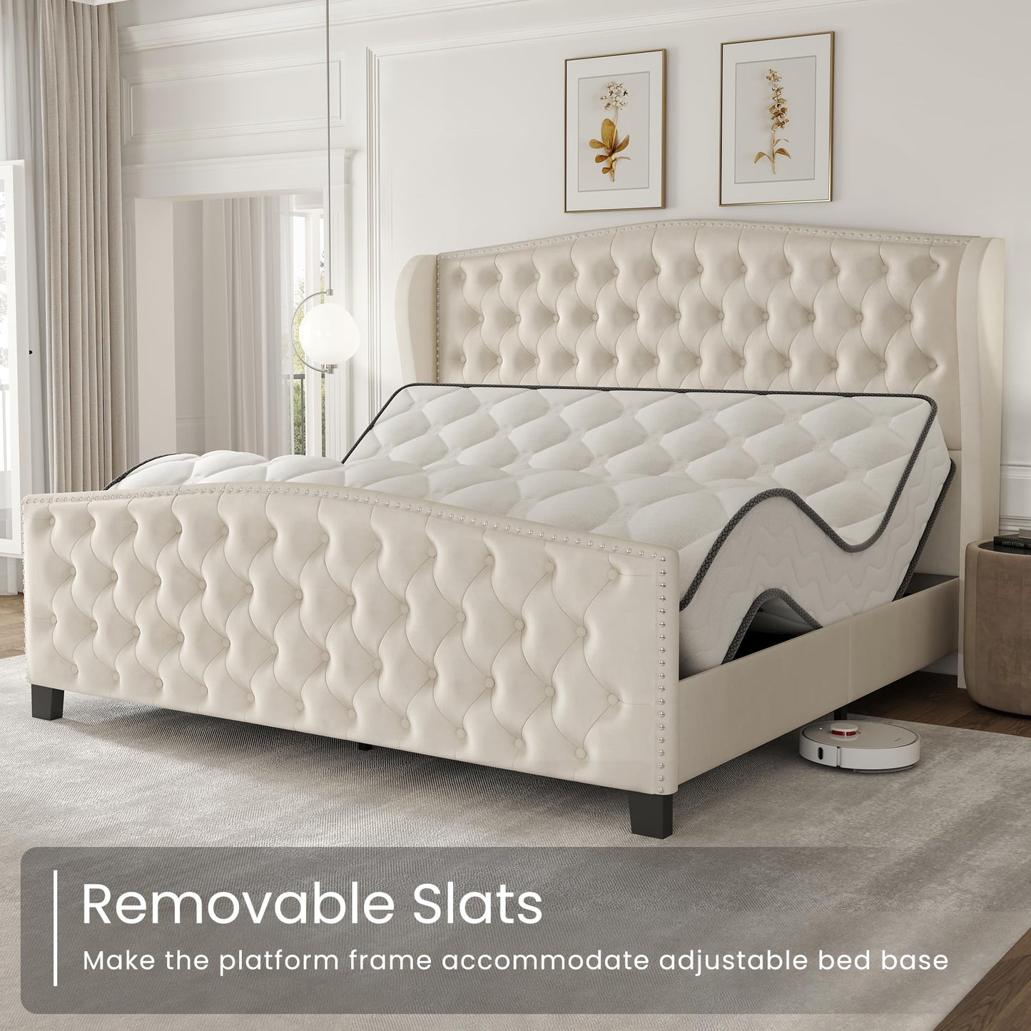 LARMACE King Size Bed Frame Velvet Upholstered Platform Bed with Wingback Headboard & Footbaord, Deep Button Tufted Bed Frame with Wood Slats Support, No Box Spring Needed, Beige