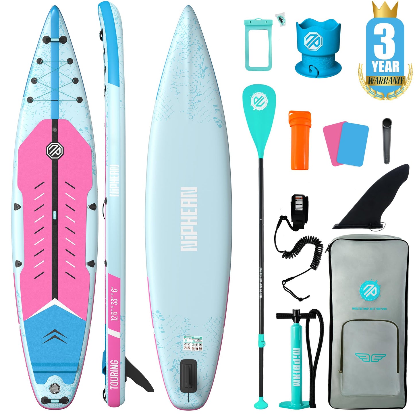 Niphean 12'6" Paddle Board, 550LB Capacity Touring Inflatable Paddle Board with Complete SUP Accessories& Kick Pad, Stable Stand up Paddle Board for Adults & Youth Racing Surfing (Beginner Friendly)