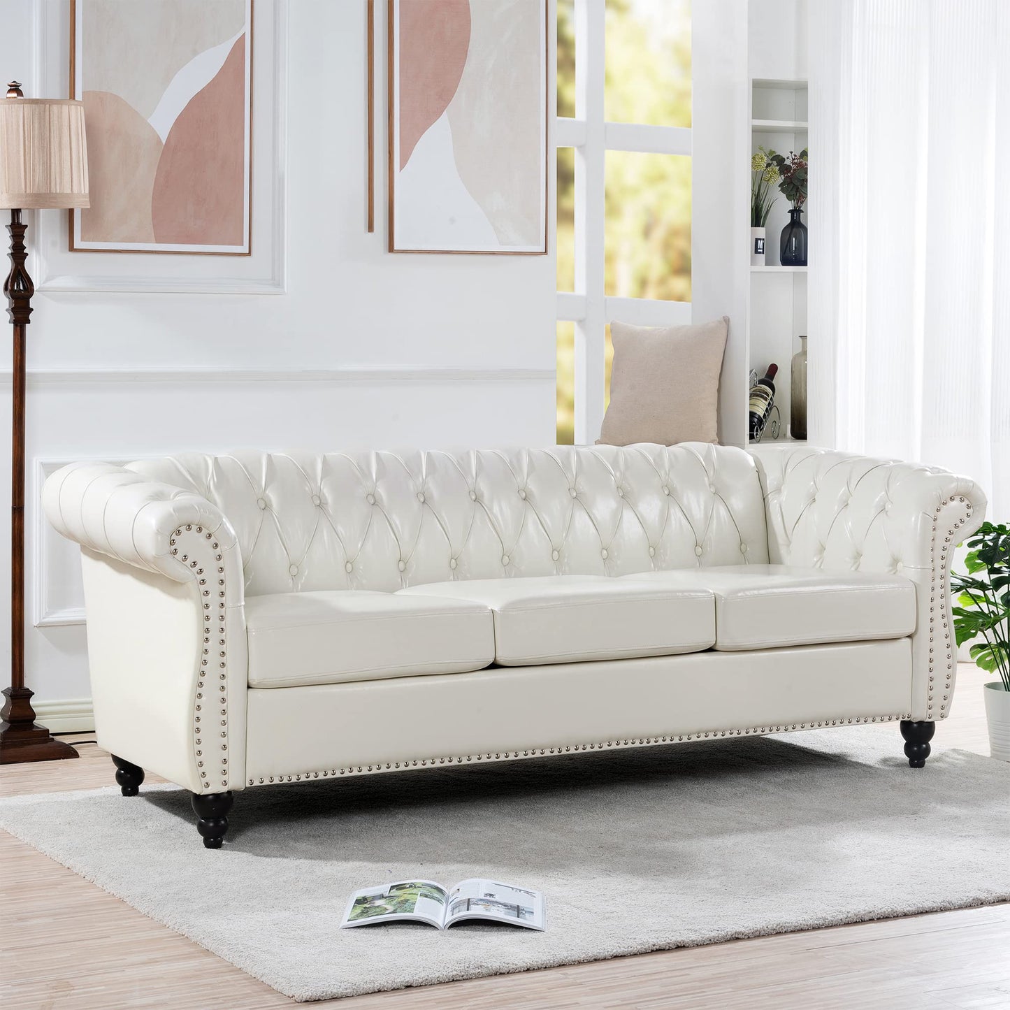 KEIKI 85" PU Leather 3-Seater Chesterfield Sofa with Cushions and Rolled Arm, Deep Pull Buckles Design Modern Style Comfy Couch with Birch Legs, Easy Assembly, for Living Room, White