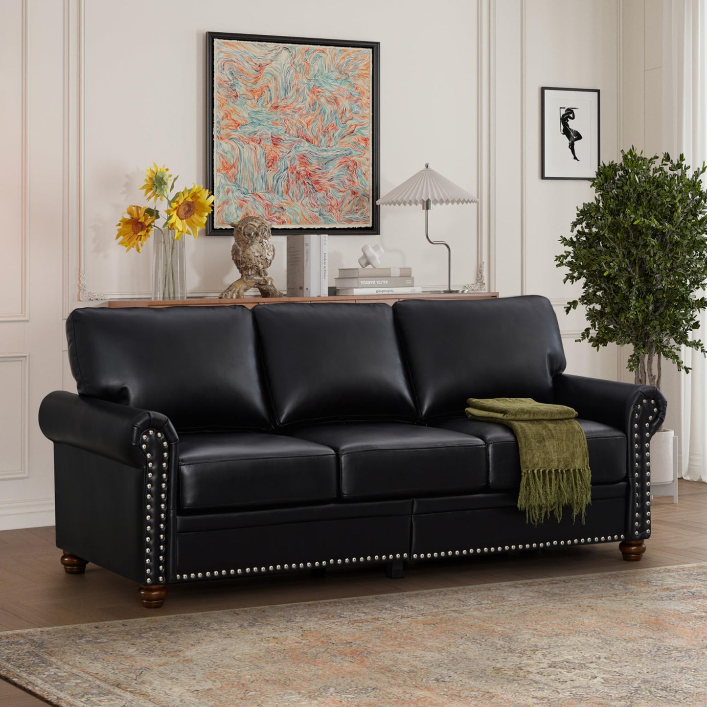 KEIKI Retro 82.68" Chesterfield Sofa, Upholstered Faux Leather PU Couch with Storage Space, Rolled Arm, Nailhead for Living Room Bedroom Office Apartment, Black