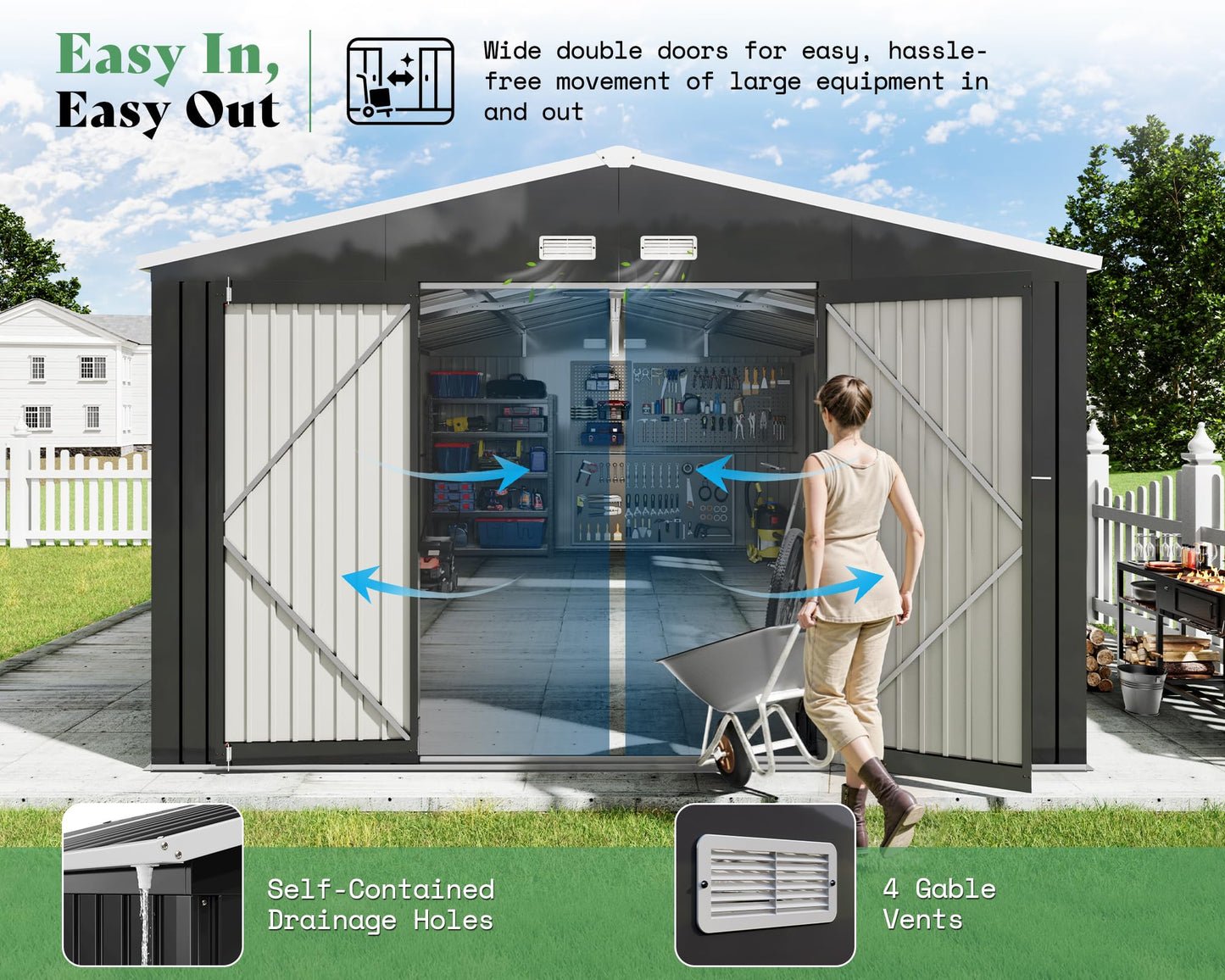 VanAcc 12x20x7.2 FT Outdoor Storage Shed with 2 Transparent Panels, Metal Garden Shed with Hinged Double Doors, Windows & Vents, Reinforced Steel Frame for Backyard Garden, DIY Workshop, Dark Gray