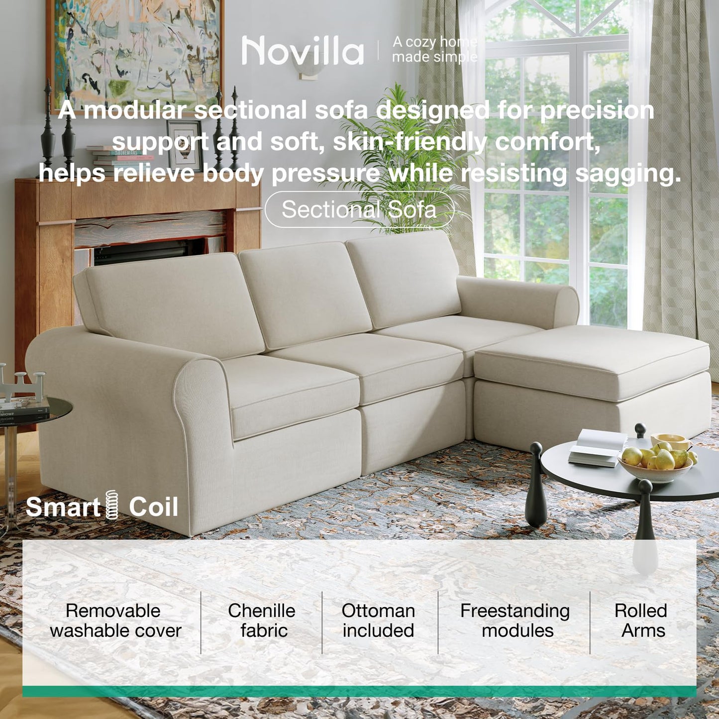 Novilla 108" Modular Sectional Sofa, Modular Sectional Couches for Living Room, Chenille Removable Cover Boneless Couch with Smarts Coil® Support U-Shaped Couch(Beige, 3 Seater + 2 Ottoman)