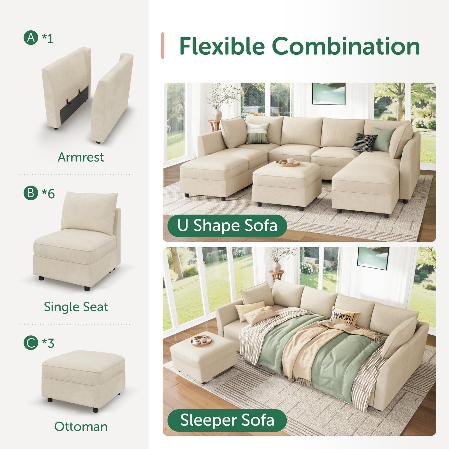 HONBAY Modular Sectional Sofa with Storage, U Shaped Couch Modular Convertible Sectional Couches for Living Room - Beige