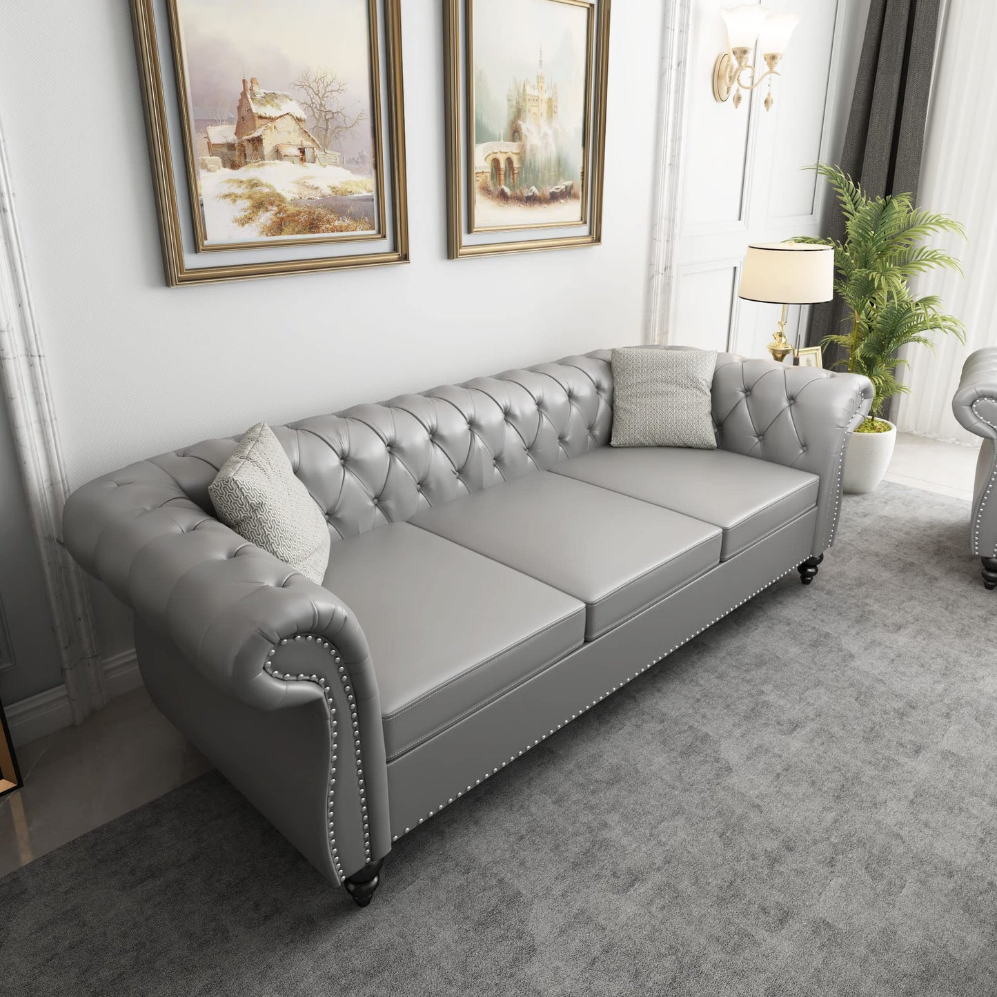 ORRD Chesterfield Sofa Leather, Modern PU Tufted Couch 3 Seater with Rolled Arms and Nailhead for Living Room, Bedroom, Office, Apartment (Grey)