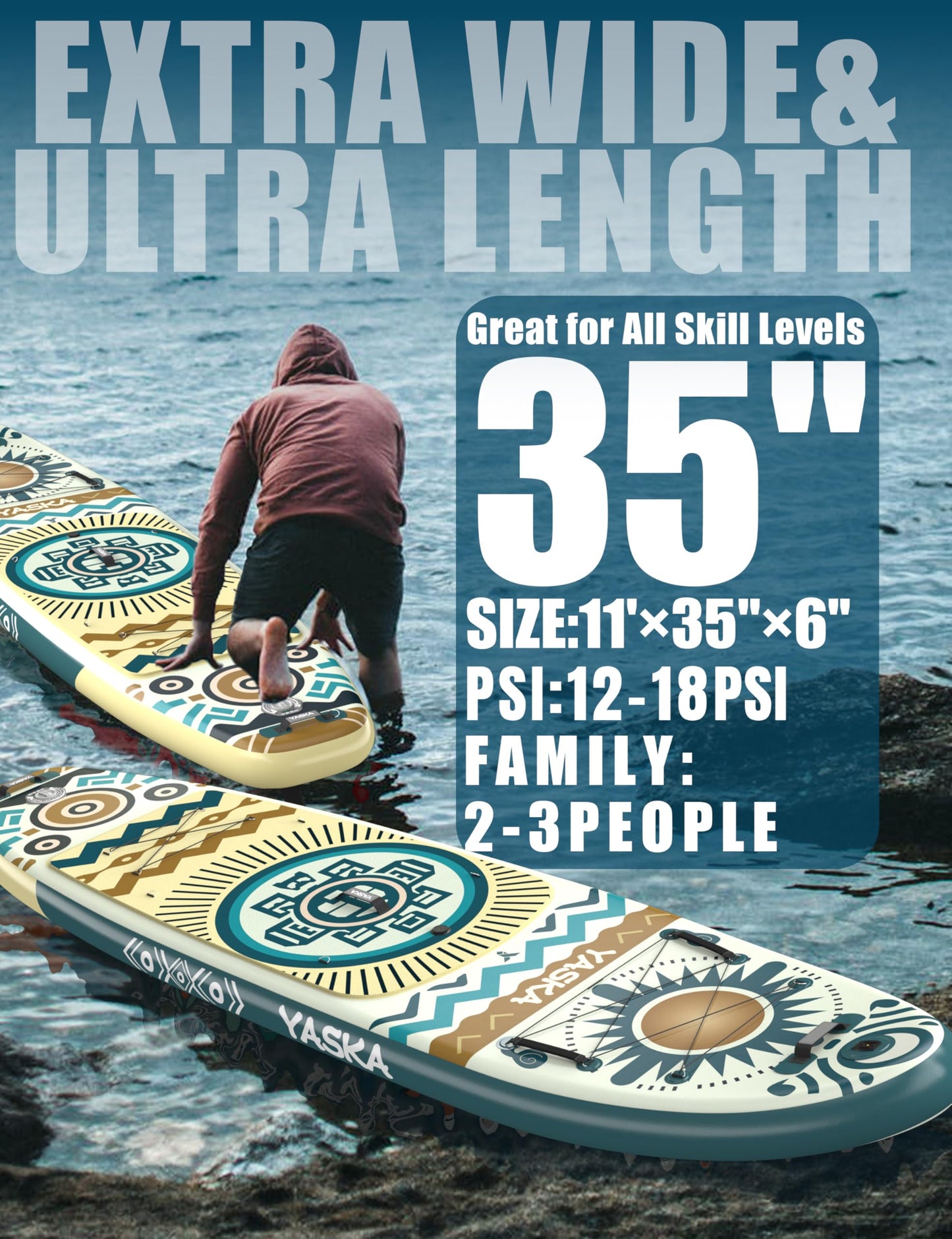 YASKA Inflatable Stand up Paddle Board 11ft with Premium SUP Accessories,Extra Wide Design Non-Slip Paddleboard for Beginner Adults Advenor Yoga Fishing