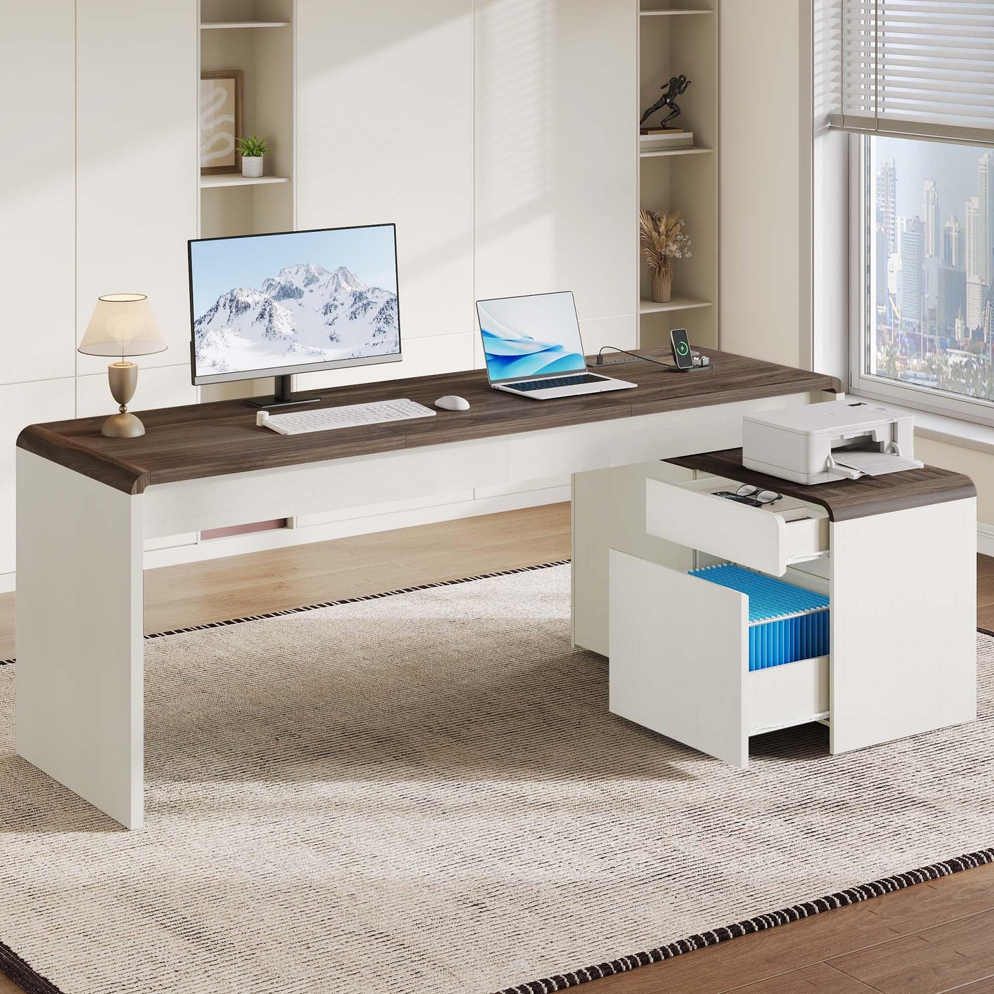 Homiflex Mid-Century Modern 78" L-Shaped Executive Desk with Independent Mobile File Cabinet, Large Home Office Desk with Drawers and 4 AC + 2 USB Power Outlets, Waterfall Edge Design, White & Walnut
