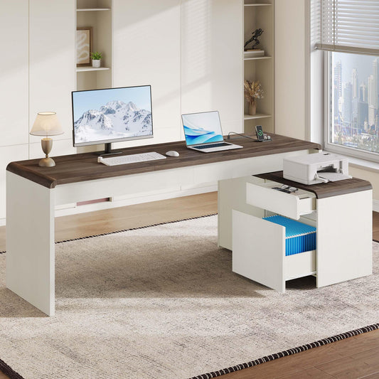 Homiflex Mid-Century Modern 78" L-Shaped Executive Desk with Independent Mobile File Cabinet, Large Home Office Desk with Drawers and 4 AC + 2 USB Power Outlets, Waterfall Edge Design, White & Walnut