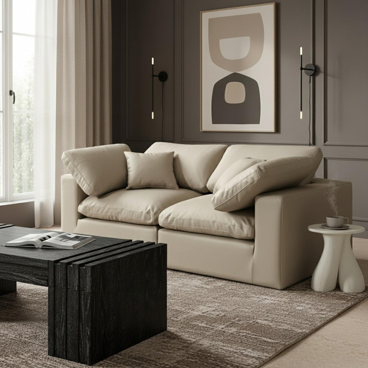 Meridian Furniture 188Cream-S80 Comfy Collection Modern | Contemporary Upholstered Modular Sofa with Soft Cream Vegan Leather, Fiber-Filled, 80" W x 40" D x 34.5" H, Cream
