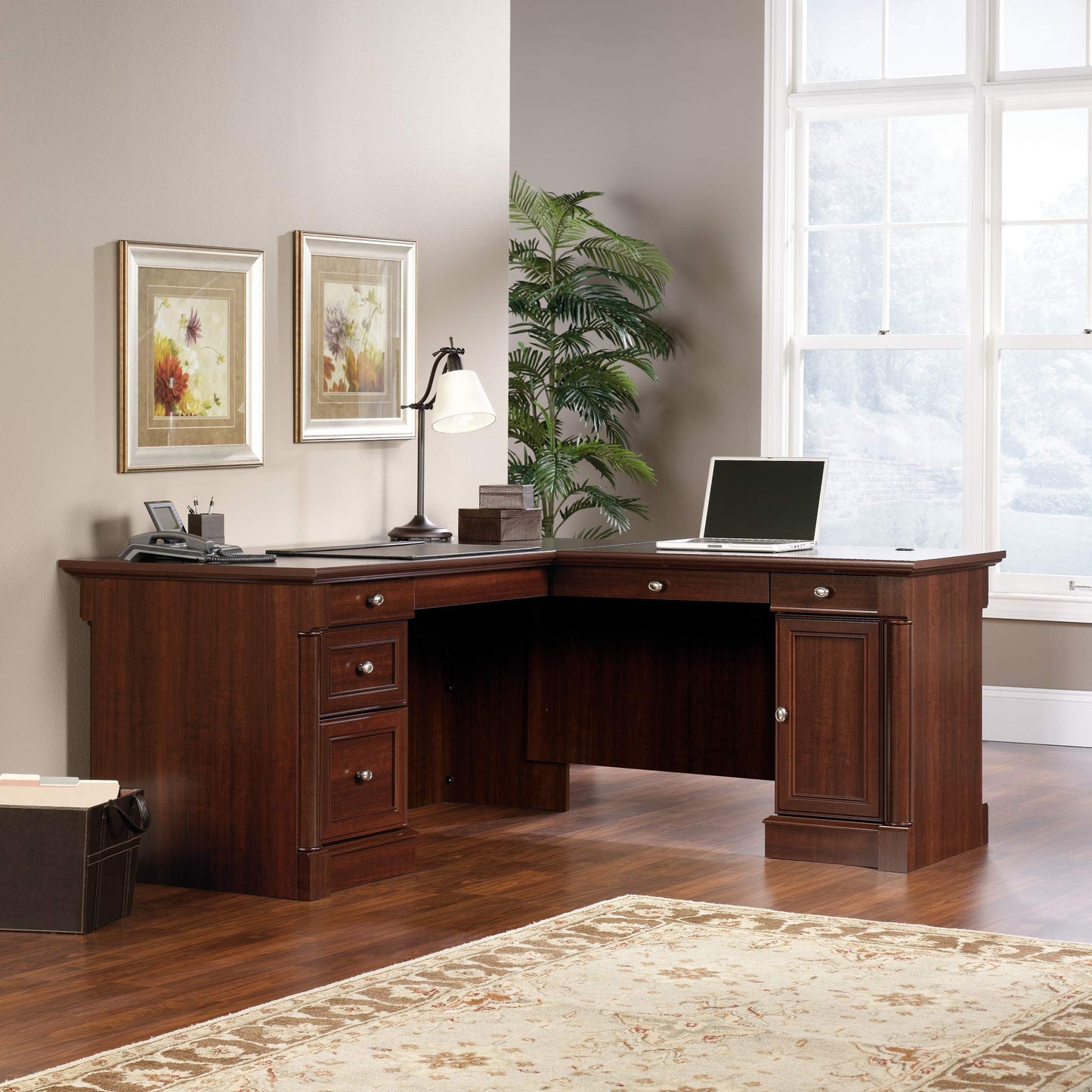 Sauder Palladia L Shaped Desk with Drawers, Office Desk with File Cabinet Storage, Cable Management, Keyboard Tray, in Select Cherry finish