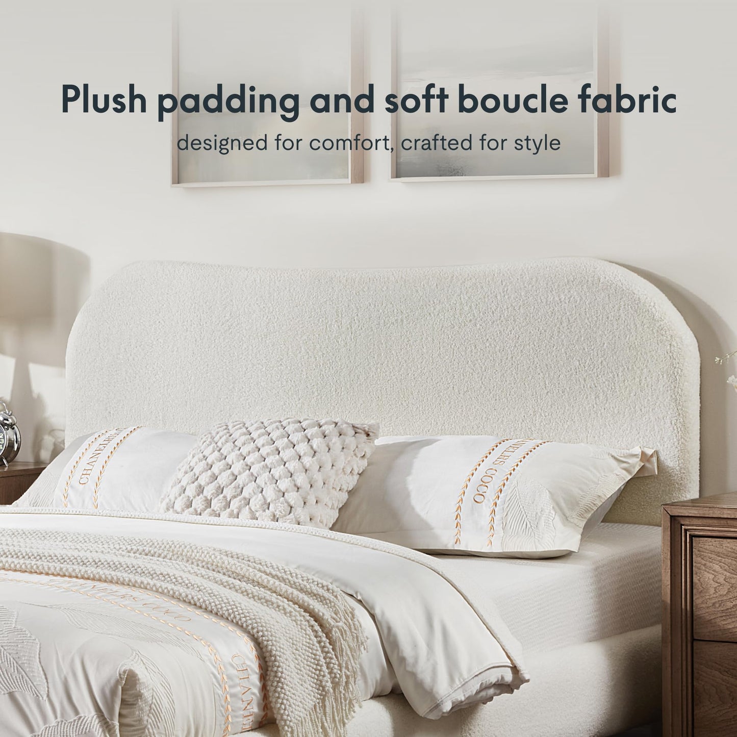 FLEXISPOT Queen Size Boucle Bed Frame, Upholstered Cloud Platform Bed with Adjustable Headboard, Plush Padding, Solid Wood Legs, Bonus LED Wall Light, No Box Spring Needed, Easy Assembly, White
