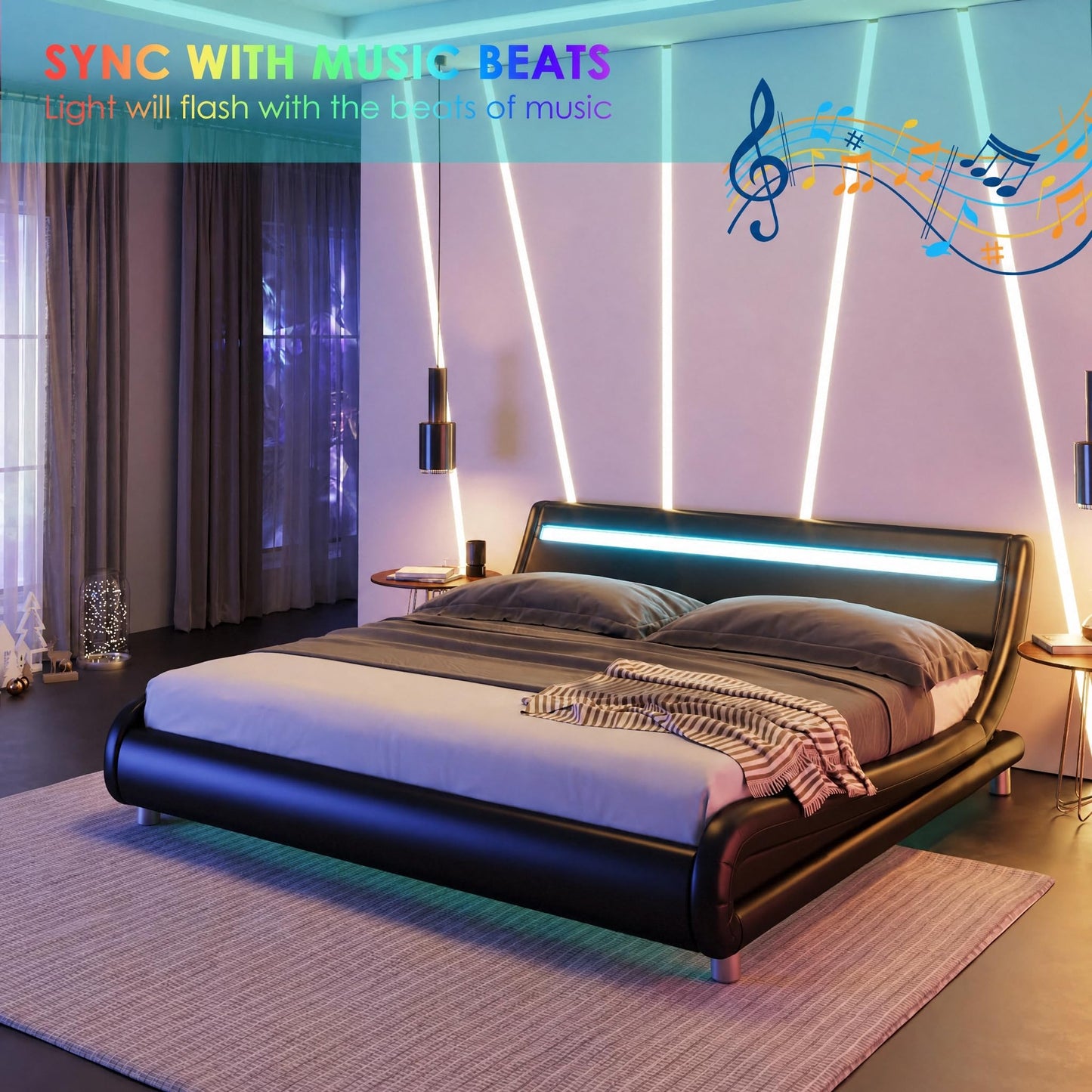 Keyluv Upholstered Full LED Bed Frame with Headboard, Modern Low Profile Platform Bed with Strong Slats Support, Faux Leather Wave-Like Bed Frame, Easy Assembly, No Box Spring Needed, Black