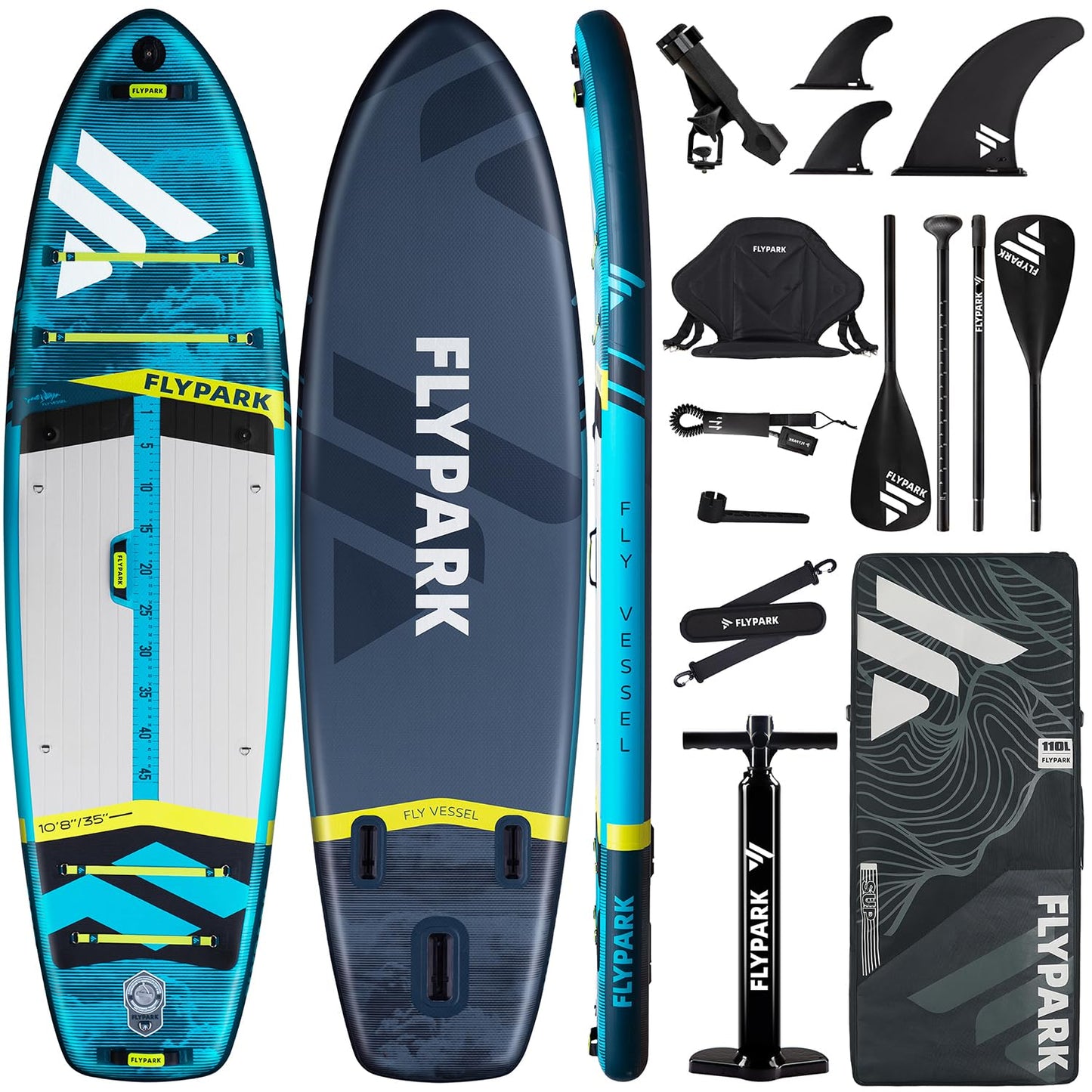 Flypark 10'8''x35'' Fishing Inflatable Paddle Board, Extra Wide SUP Paddleboard Inflatable, Fishing Stand Up Paddle Board, 2 Fish mounts, Rod Hold, Measurement, Kayak seat, Camera Mount Shoulder Strap