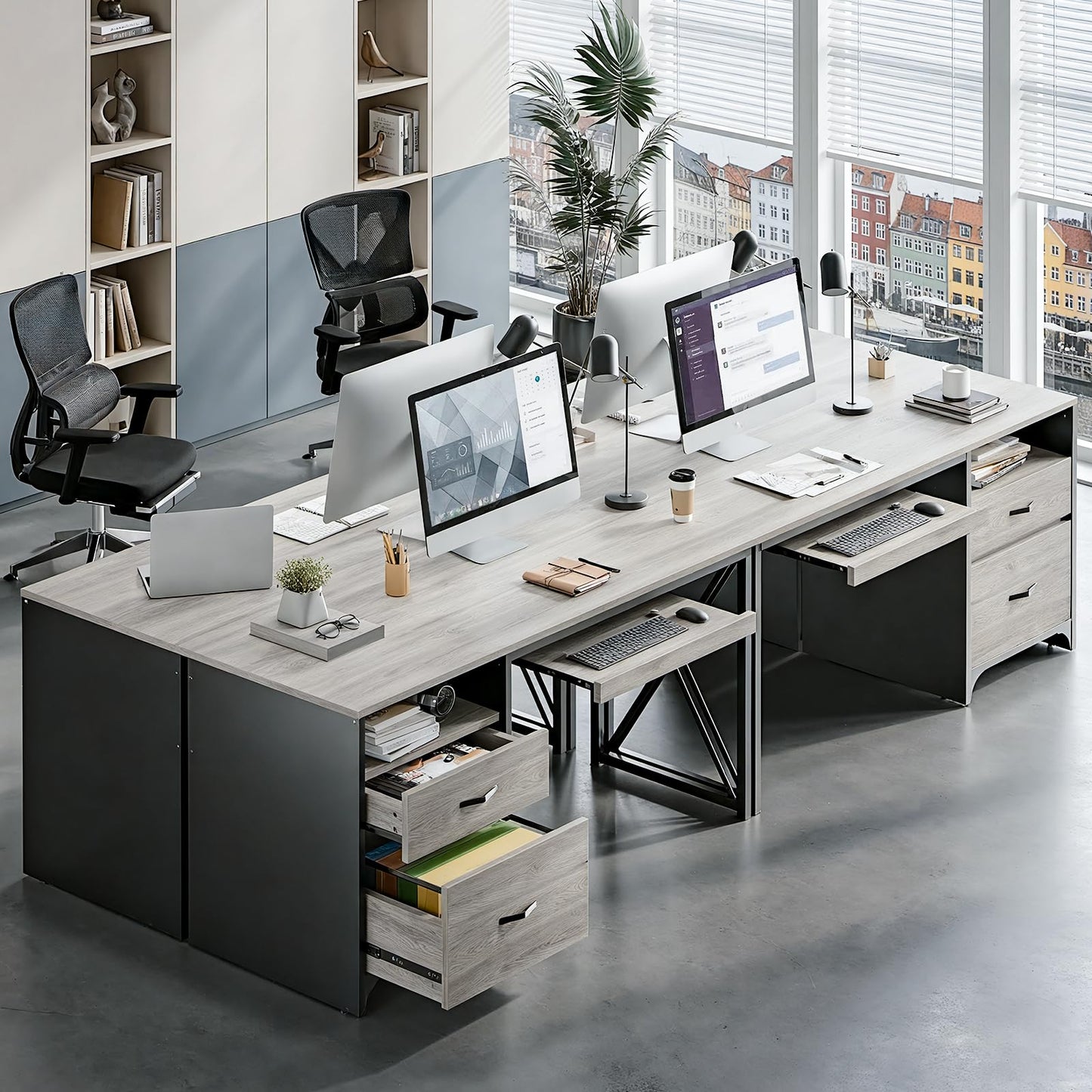Bestier Office Desk with Drawers, 55 inch Industrial Computer Desk with Storage, Wood Teacher Desk with Keyboard Tray & File Drawer for Home Office, Light Gray Oak