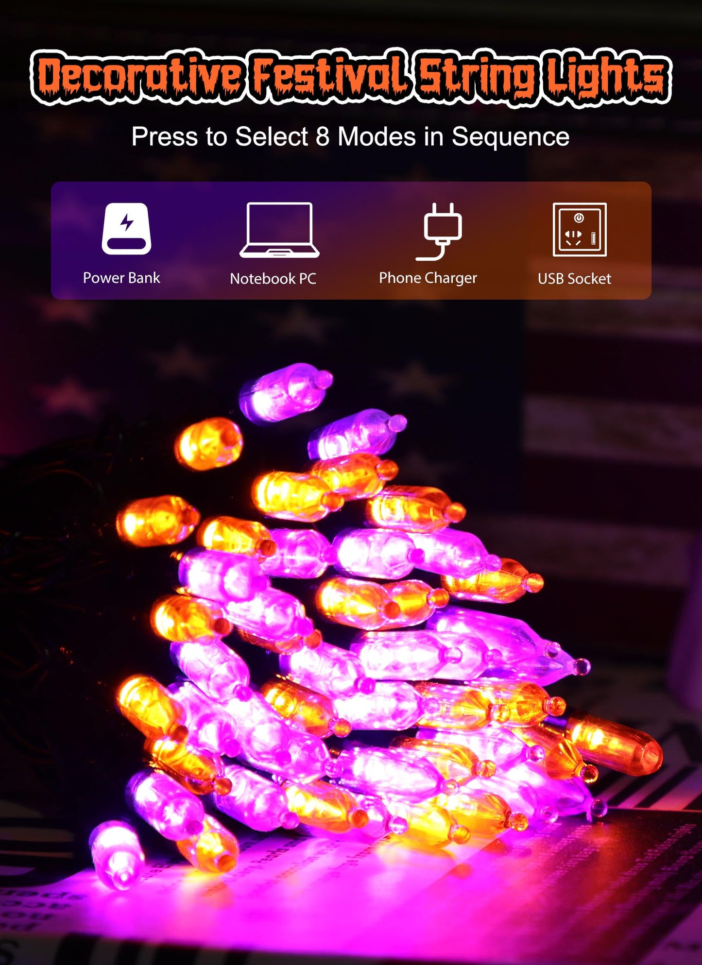 Minetom Halloween String Lights, 100 LED, 39 FT, USB Powered, Waterproof, Purple & Orange