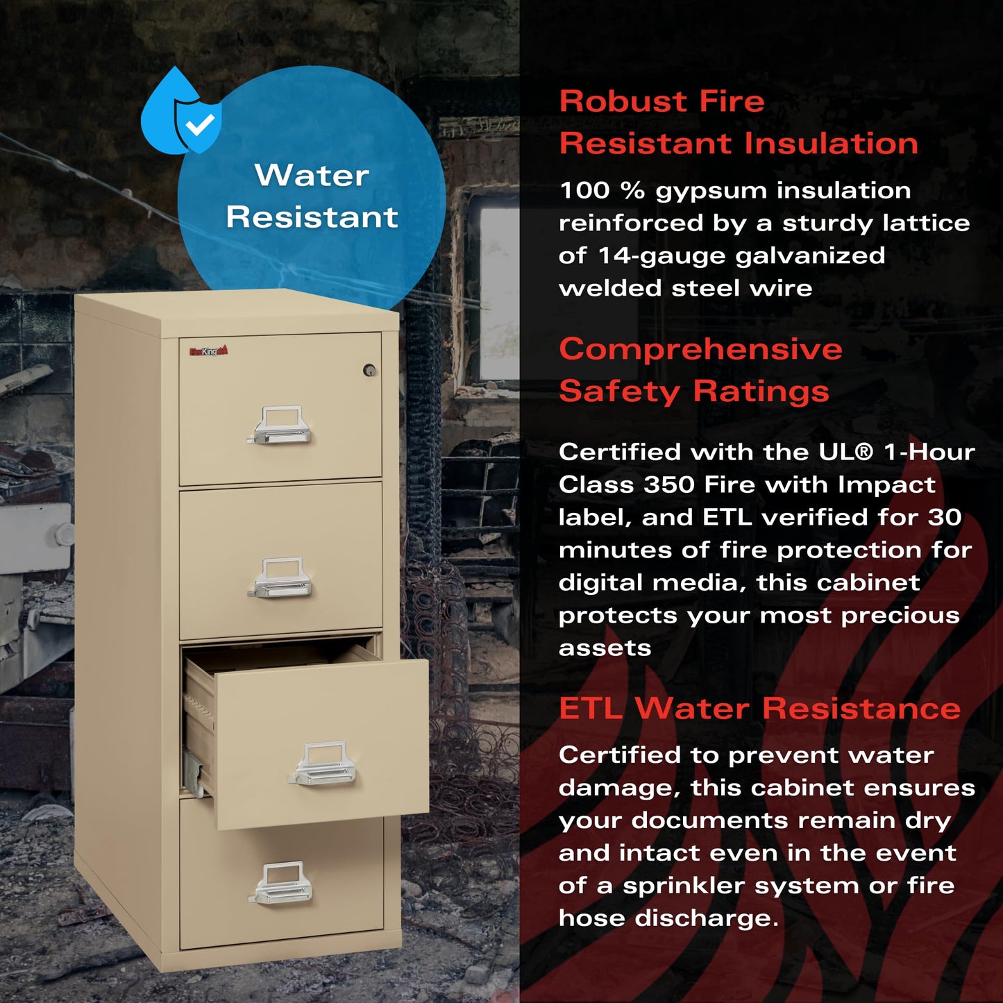 FireKing Vertical 4 Drawer Legal Fire Safe File Cabinet with Key Lock, 1 Hour Fire Rated, UL Rated & Water Resistant Home Safe, Made in The USA, Parchment