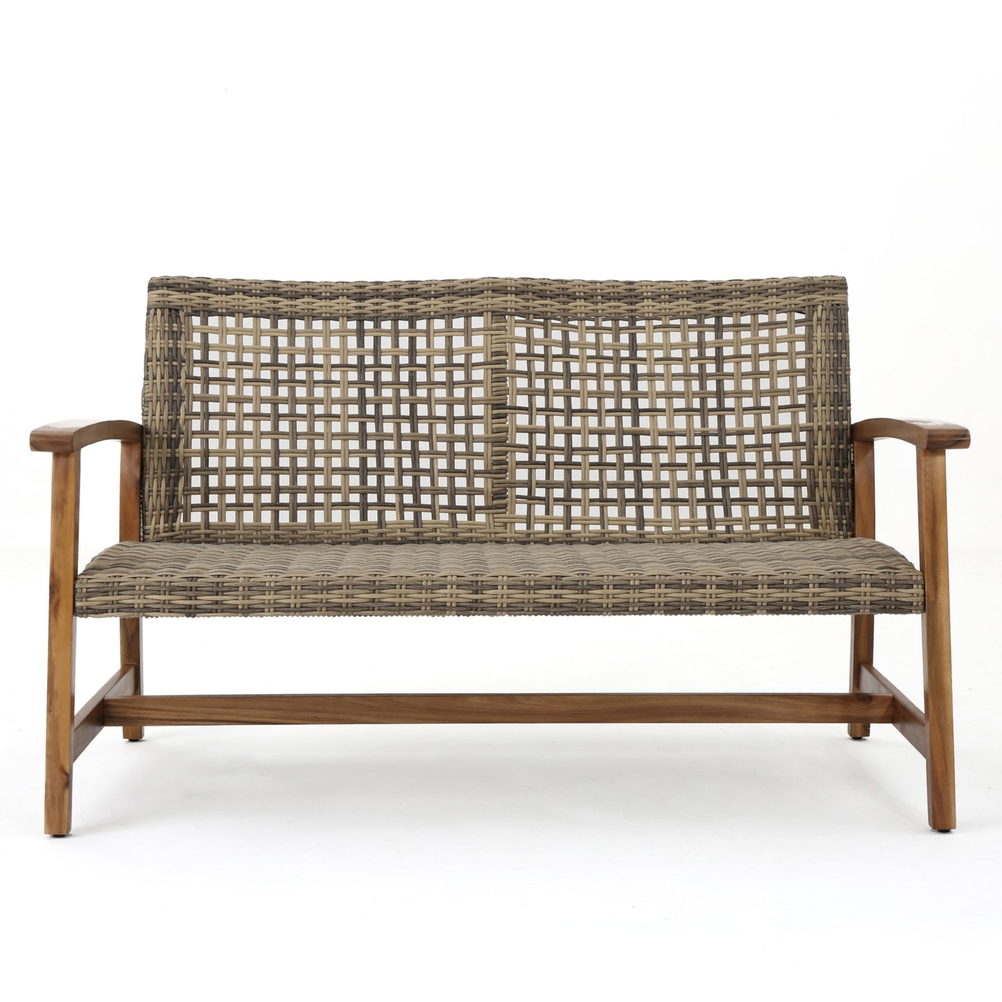 Christopher Knight Home Outdoor 5 Piece Acacia Wood and Wicker Conversation Set with Fire Pit, Gray and Light Gray
