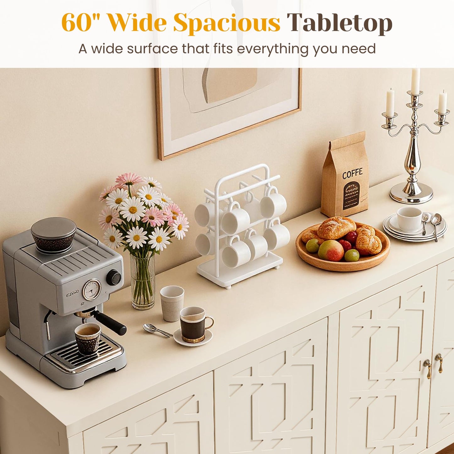 FansaFurn 60'' Buffet Cabinet with 4 Doors, Modern Wood Sideboard with Adjustable Shelves, Painted Coffee Bar Table Credenza Storage Cabinet for Living Room, Dining Room, Beige